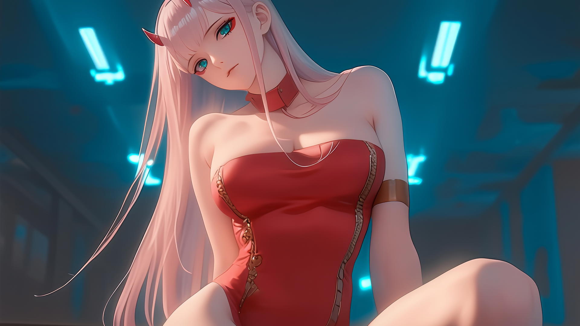 Zero Two from DARLING in the FRANXX with long pink hair kneeling under warm light