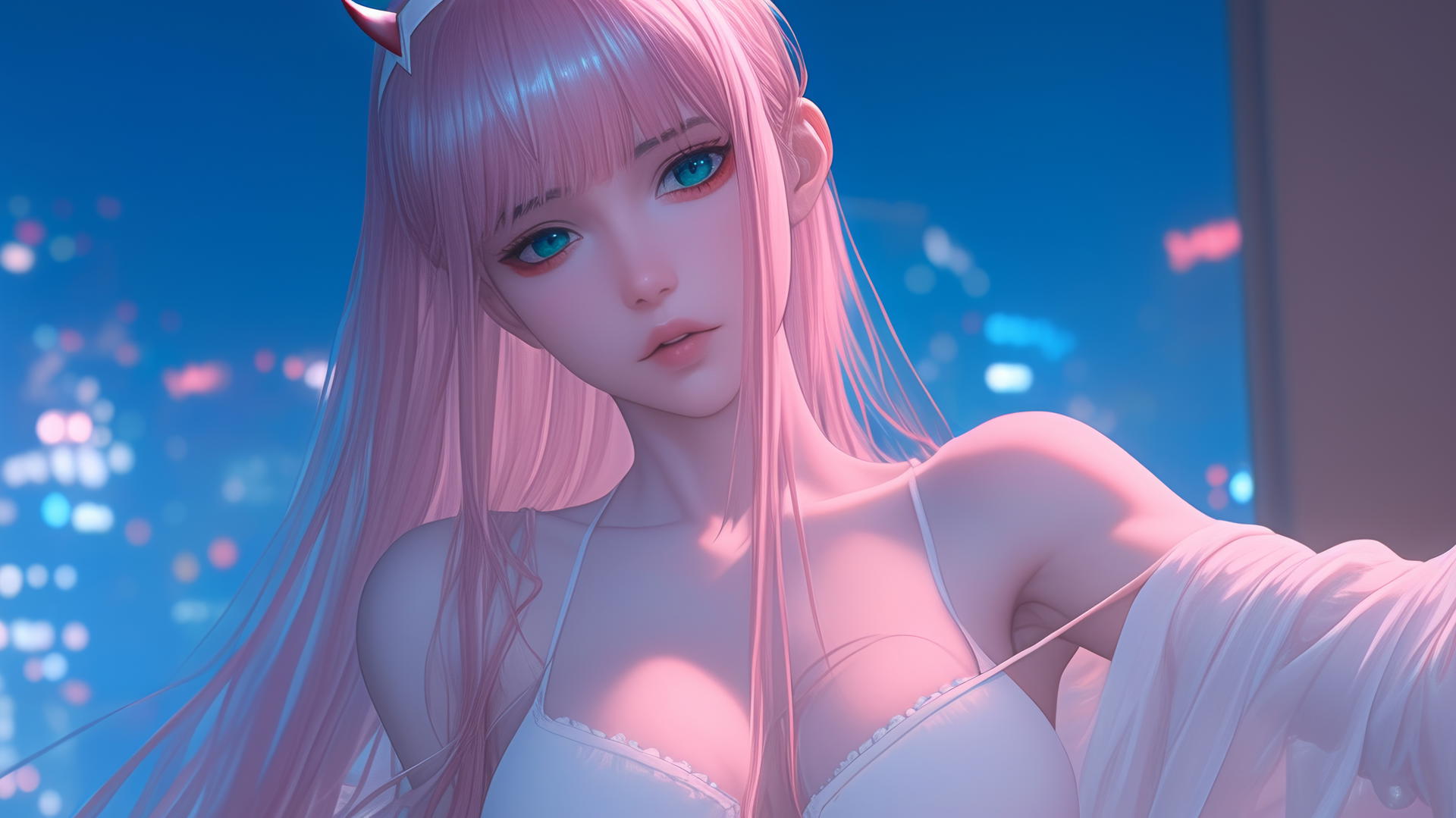 Zero Two from DARLING in the FRANXX, pink hair, kneeling, warm neon light.