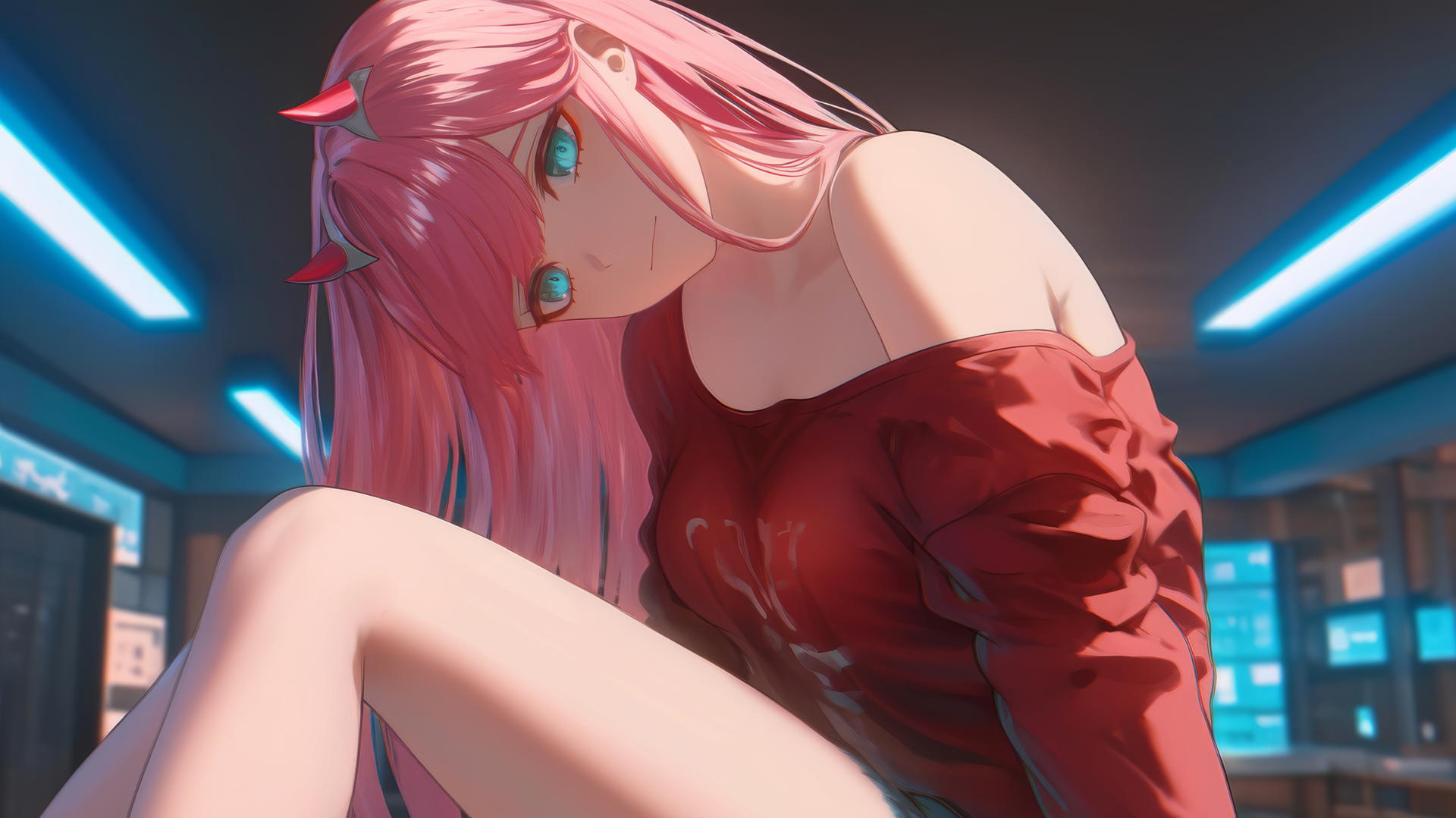 Zero Two from DARLING in the FRANXX leaning forward with neon-lit ceiling background