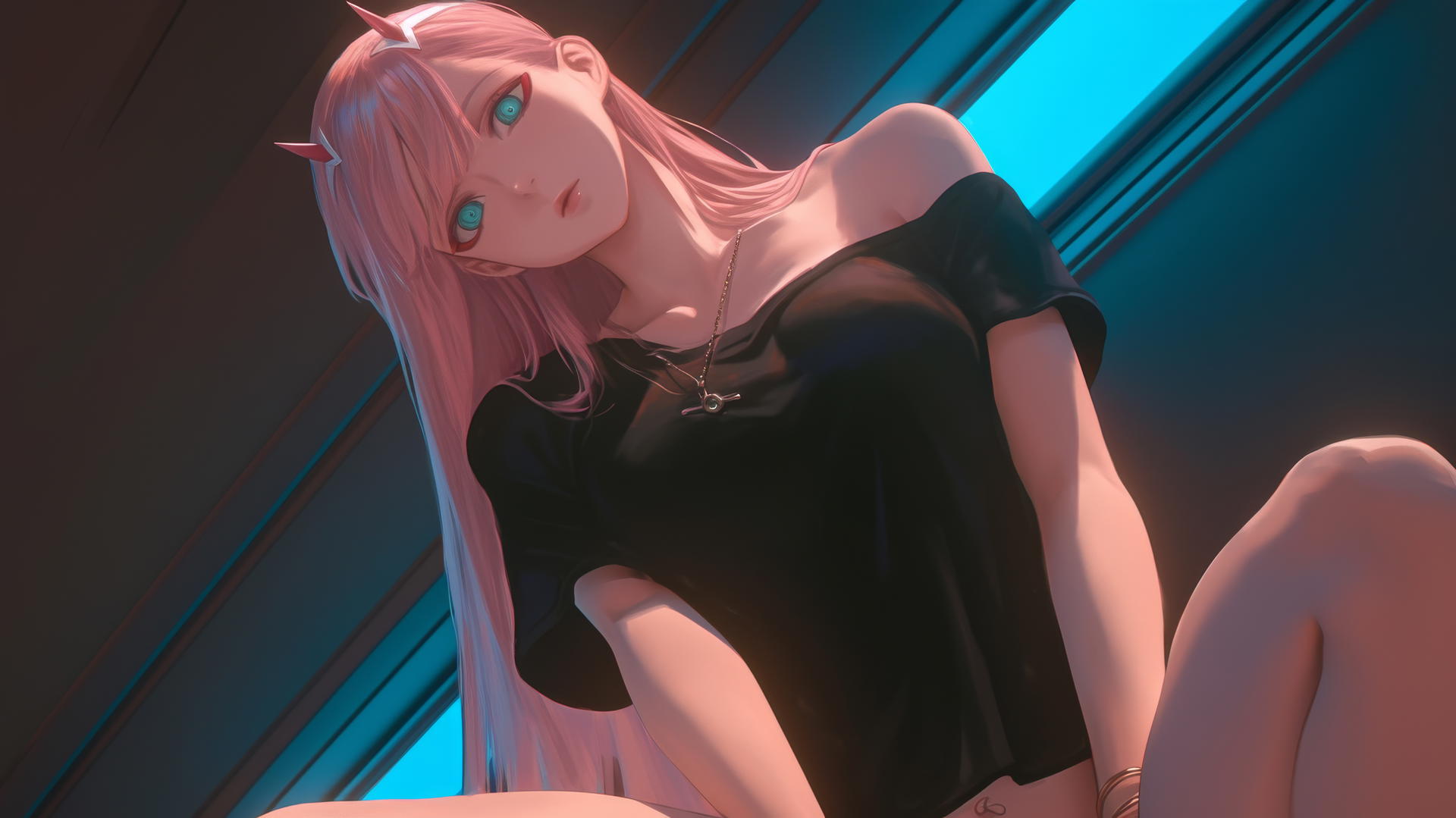 Zero Two from DARLING in the FRANXX kneeling, long pink hair, hotel ceiling background.
