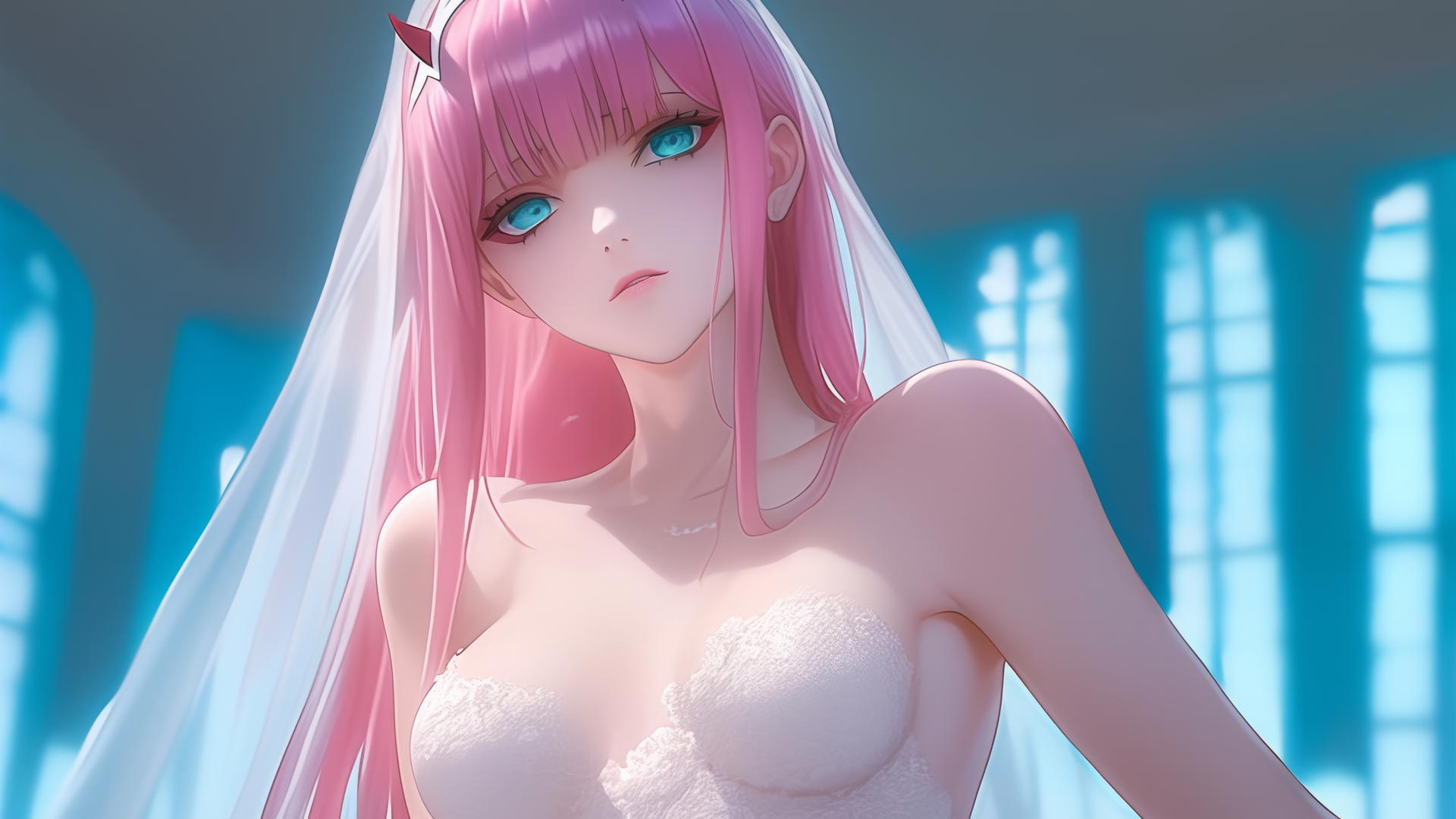 Zero Two in a wedding dress kneeling with pink hair under warm neon lights.