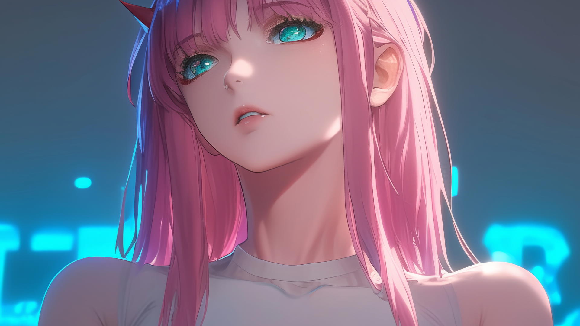 Zero Two from DARLING in the FRANXX kneeling with pink hair under warm and neon lights.