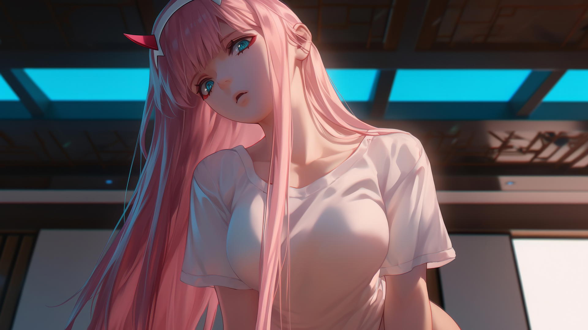 Zero Two from DARLING in the FRANXX kneeling and looking down with pink hair, warm and neon lights