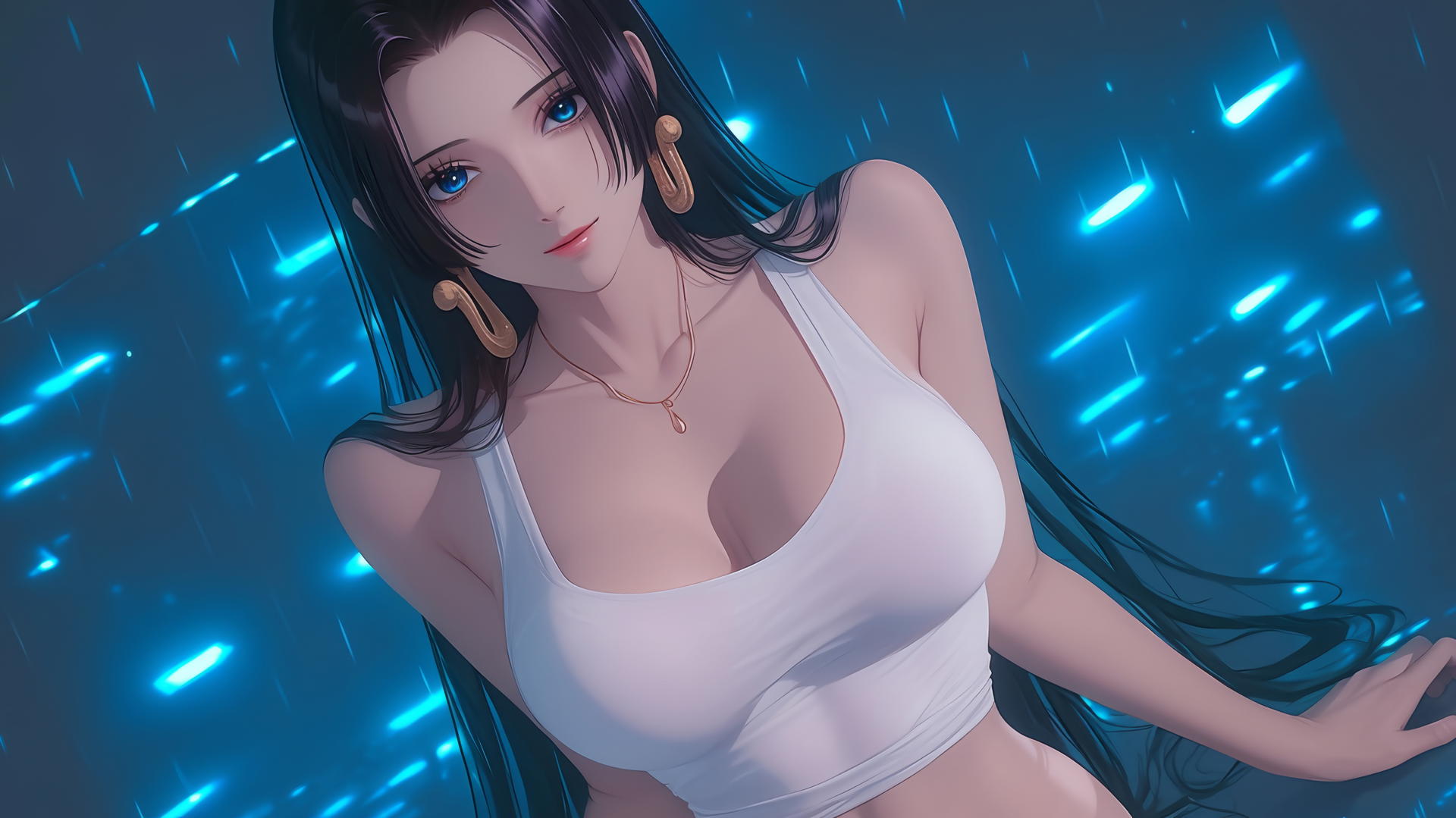 Boa Hancock from One Piece kneeling, looking down with neon lights above