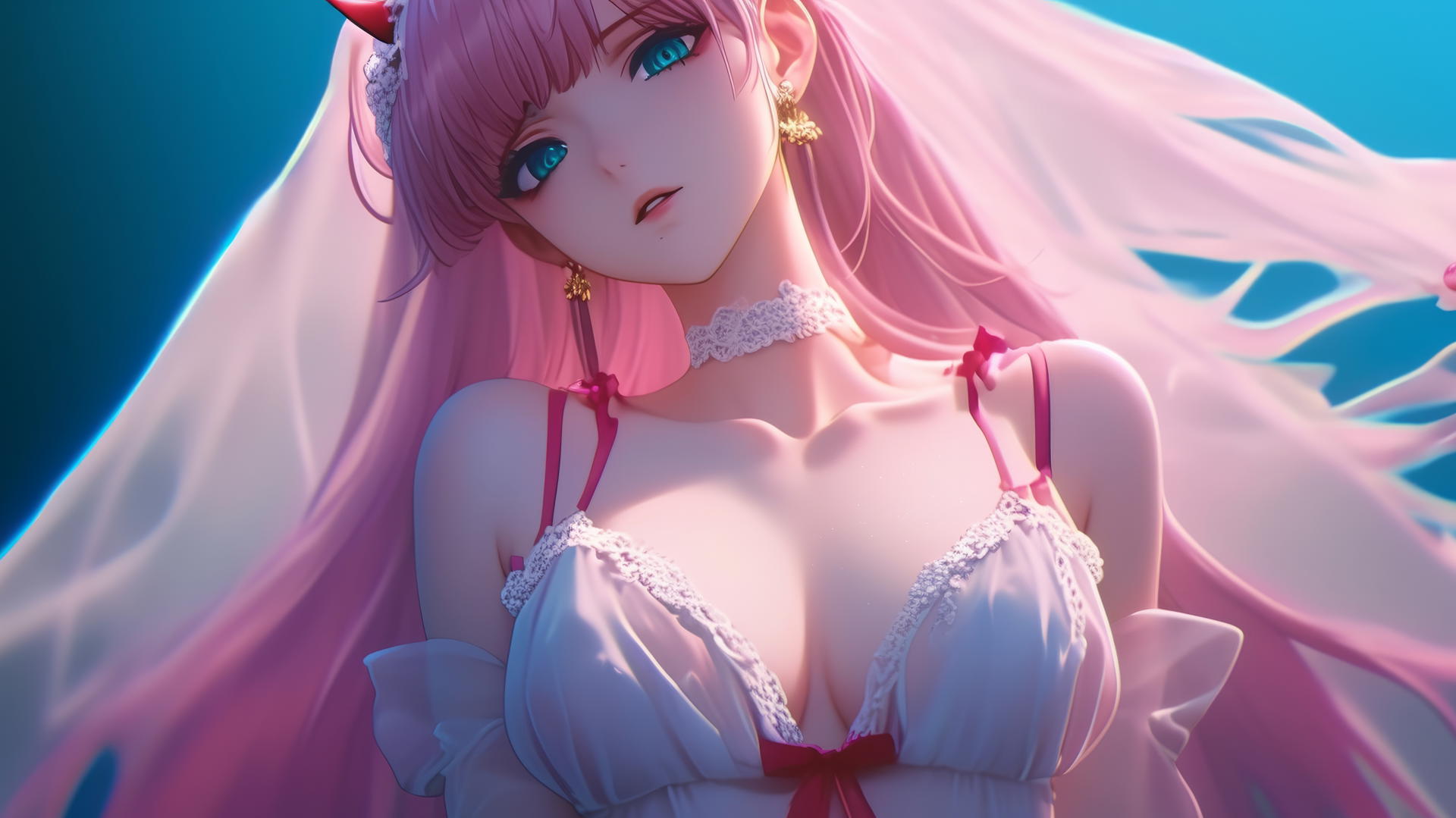 Zero Two from DARLING in the FRANXX kneeling in a wedding dress, neon-lit ceiling