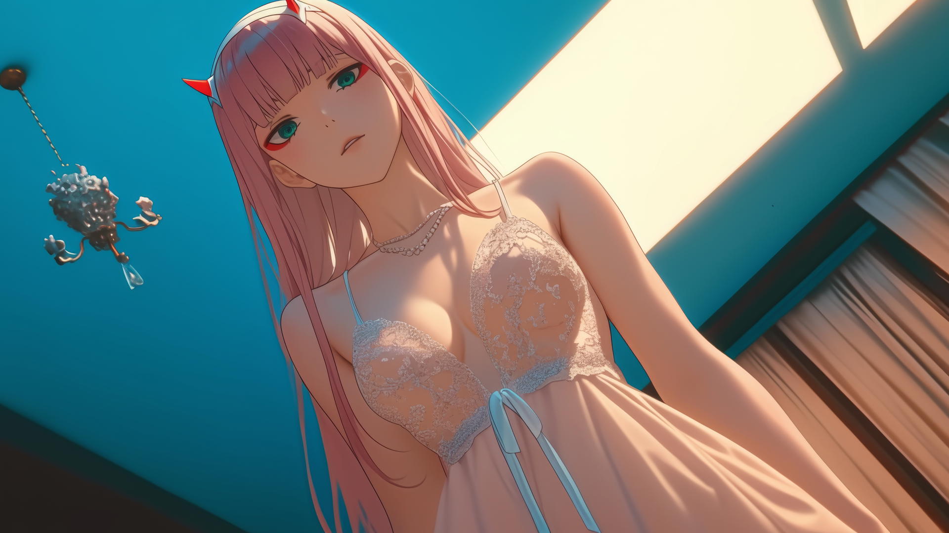 Zero Two from DARLING in the FRANXX kneeling in wedding dress, neon-lit ceiling.