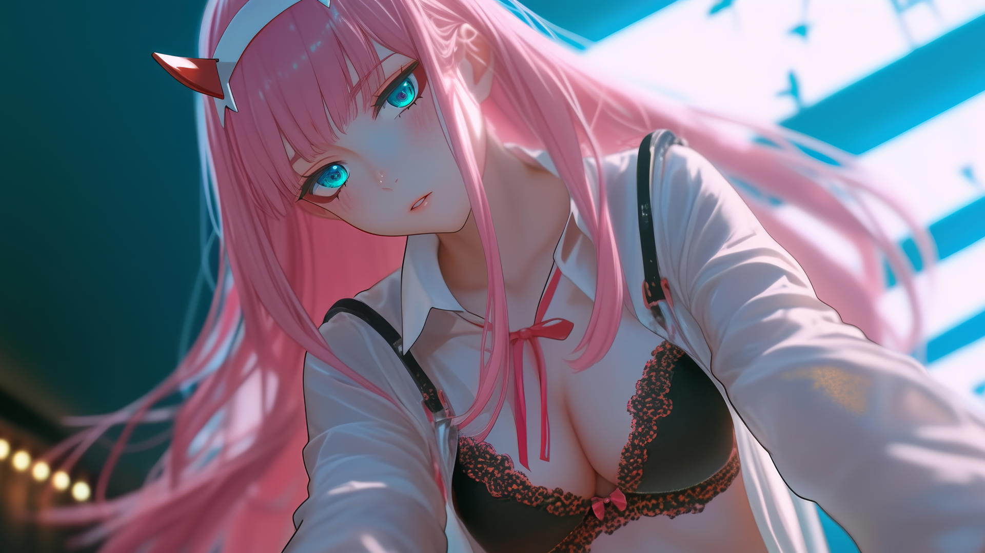 Zero Two from DARLING in the FRANXX kneeling, looking down, with warm and neon lighting