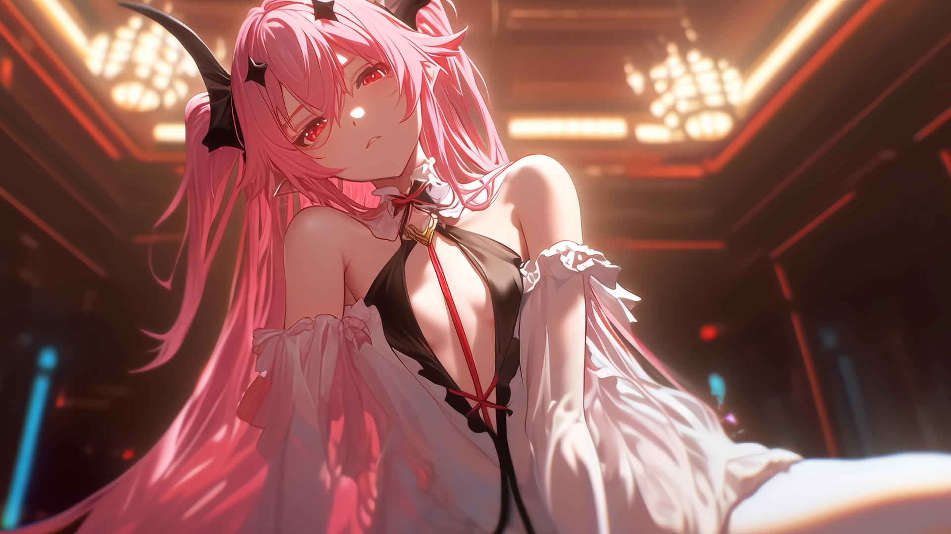 Krul Tepes kneeling, seen from below, with red eyes, pink hair, and fangs, in warm and neon light.