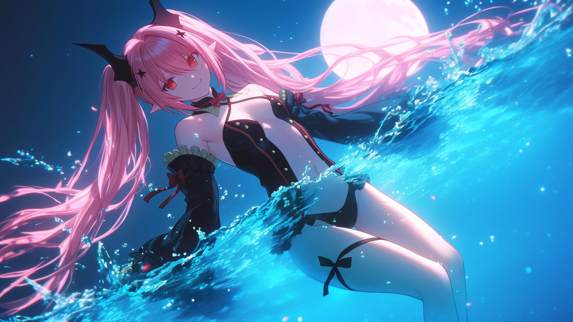 Krul Tepes with red eyes and rosy pink hair jumping out of a swimming pool under moonlight.