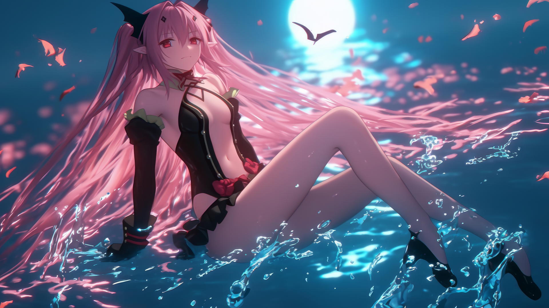 Krul Tepes with red eyes and pink hair jumping from a pool under moonlight