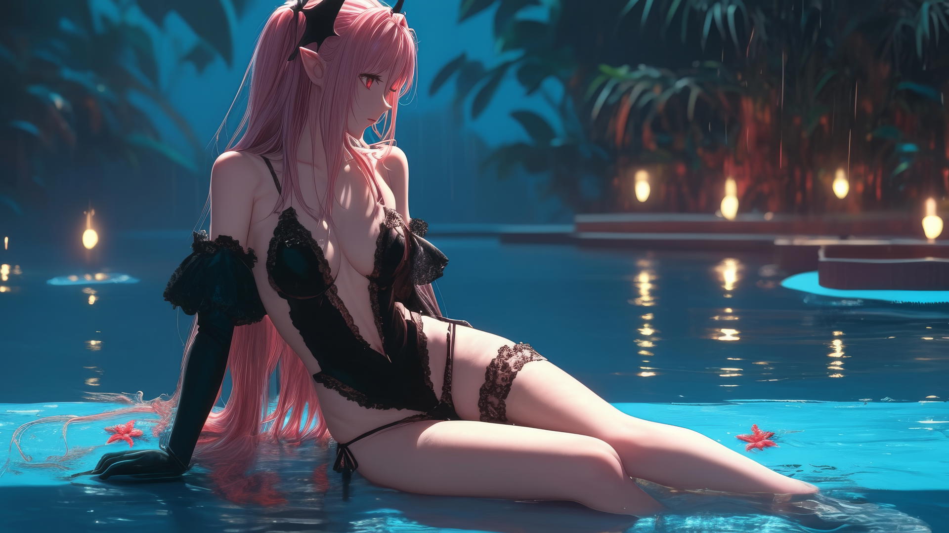 Krul Tepes from Seraph of the End with red eyes and pink hair by a rainy swimming pool under moonlight.