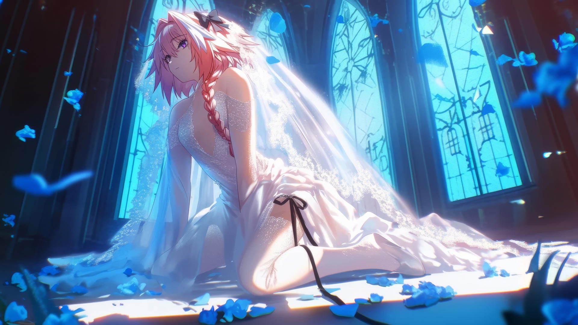 Astolfo in a wedding dress kneeling, looking down, with warm light and a ceiling background.