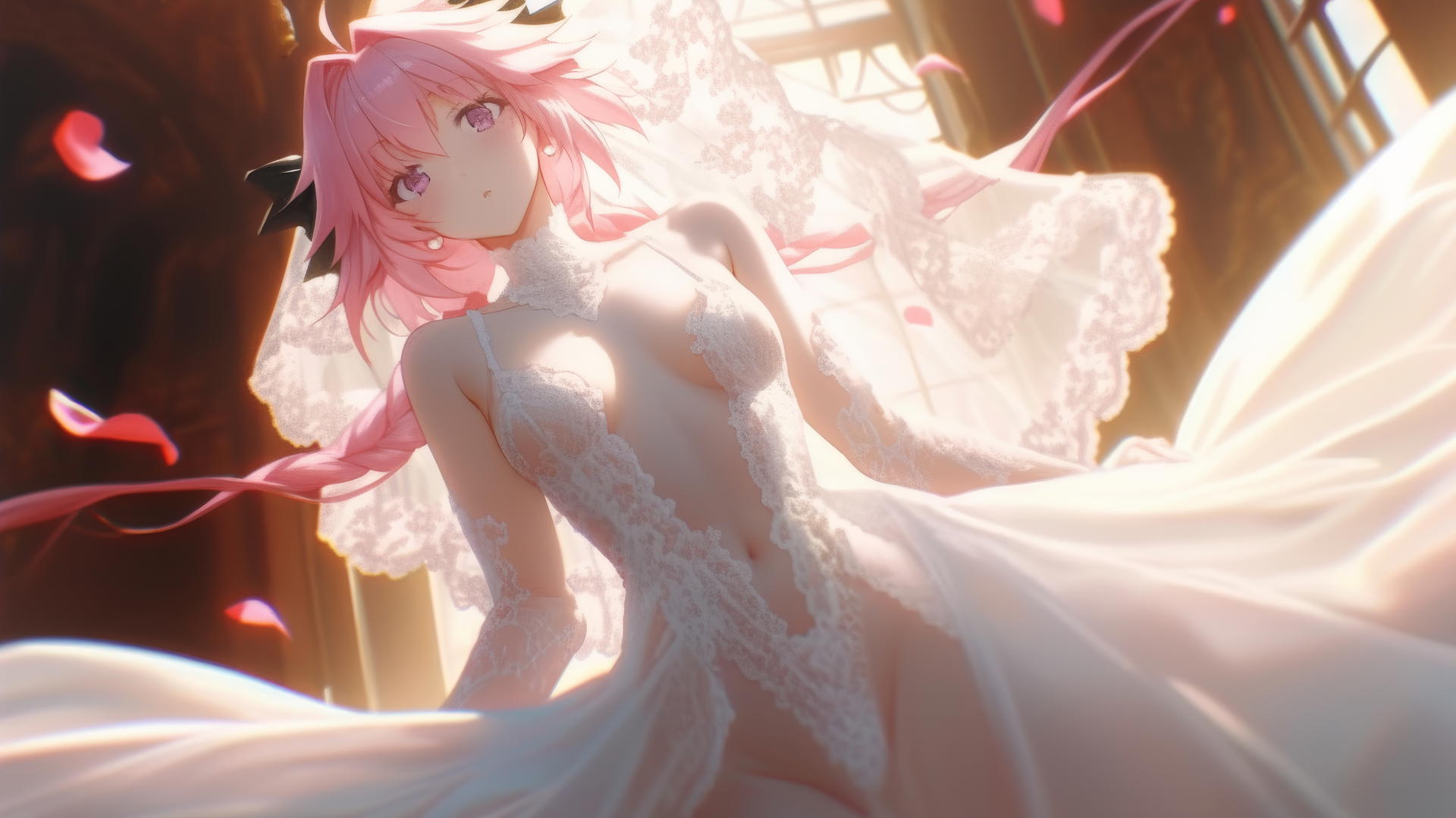 Astolfo from Type Moon in a wedding dress, kneeling with warm light glow and ceiling background