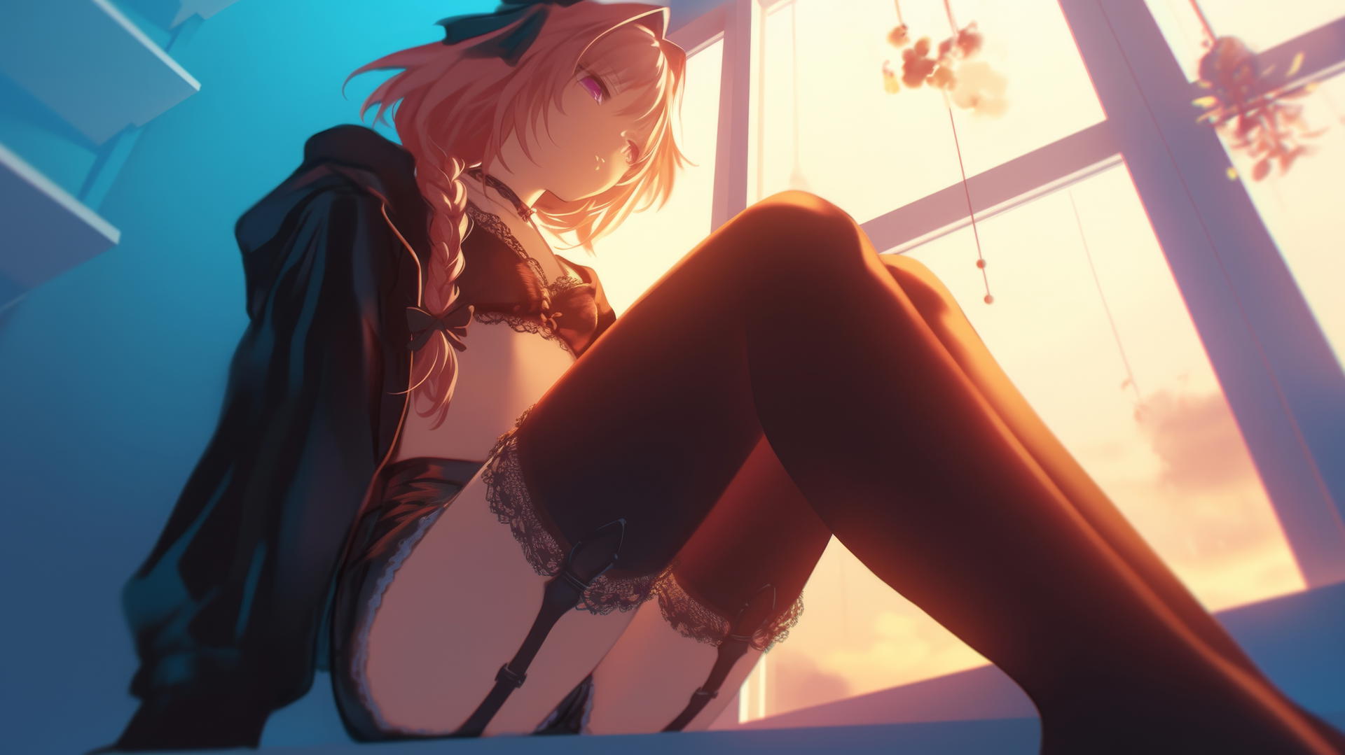 Astolfo kneeling and leaning forward with a ceiling in the background, warm light glow.