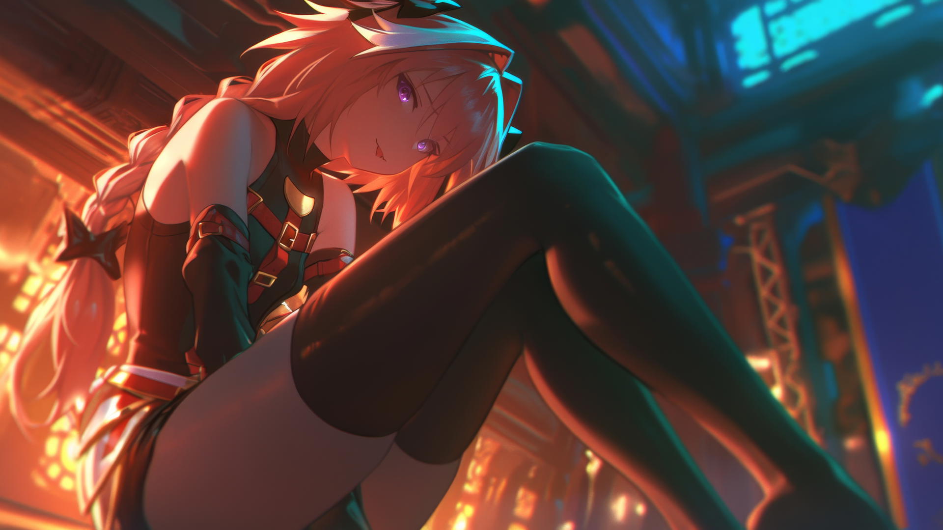 Astolfo from Type Moon leaning and kneeling, viewed from below with a ceiling background.