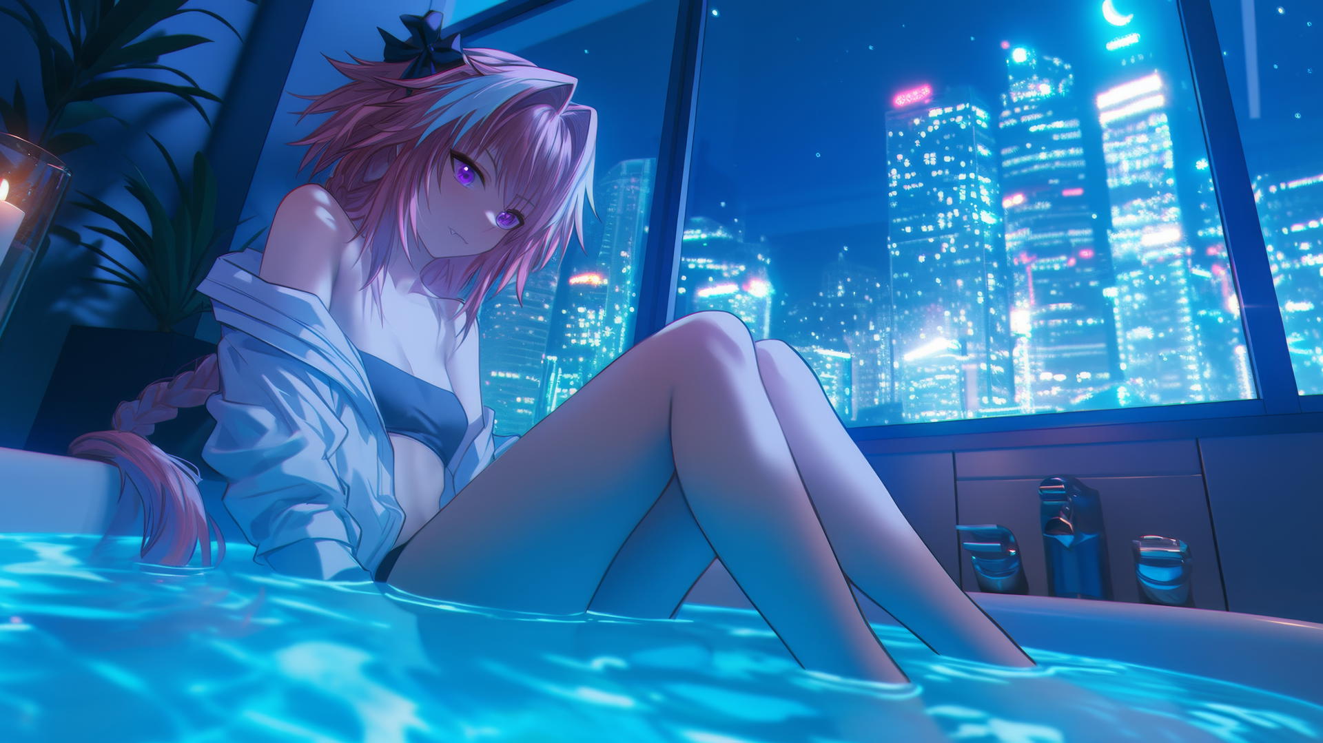 Astolfo from Type Moon resting in a hotel room tub with moonlight glowing on her