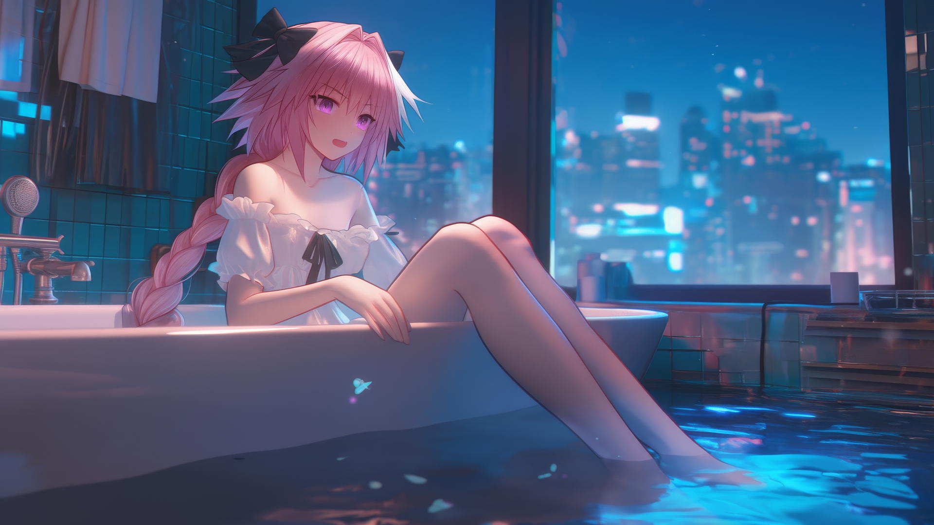 Astolfo from Type-Moon resting in a modern hotel bathtub, illuminated by moonlight.