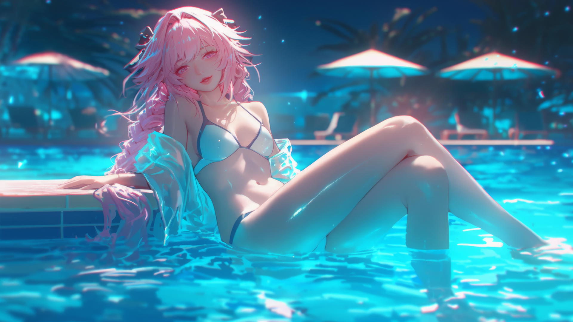Astolfo from Type Moon resting by a swimming pool under moonlight.