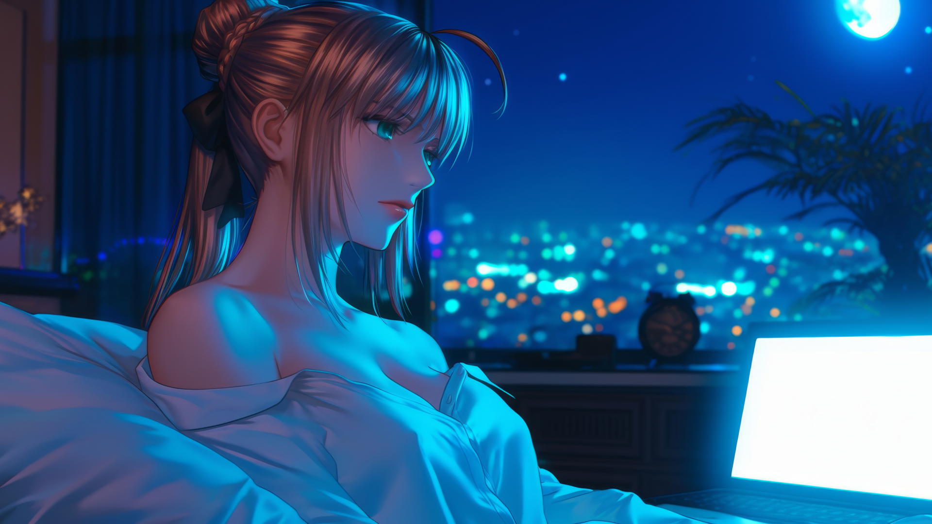 Saber from Fate Zero with green eyes, resting in a modern hotel room under moonlight