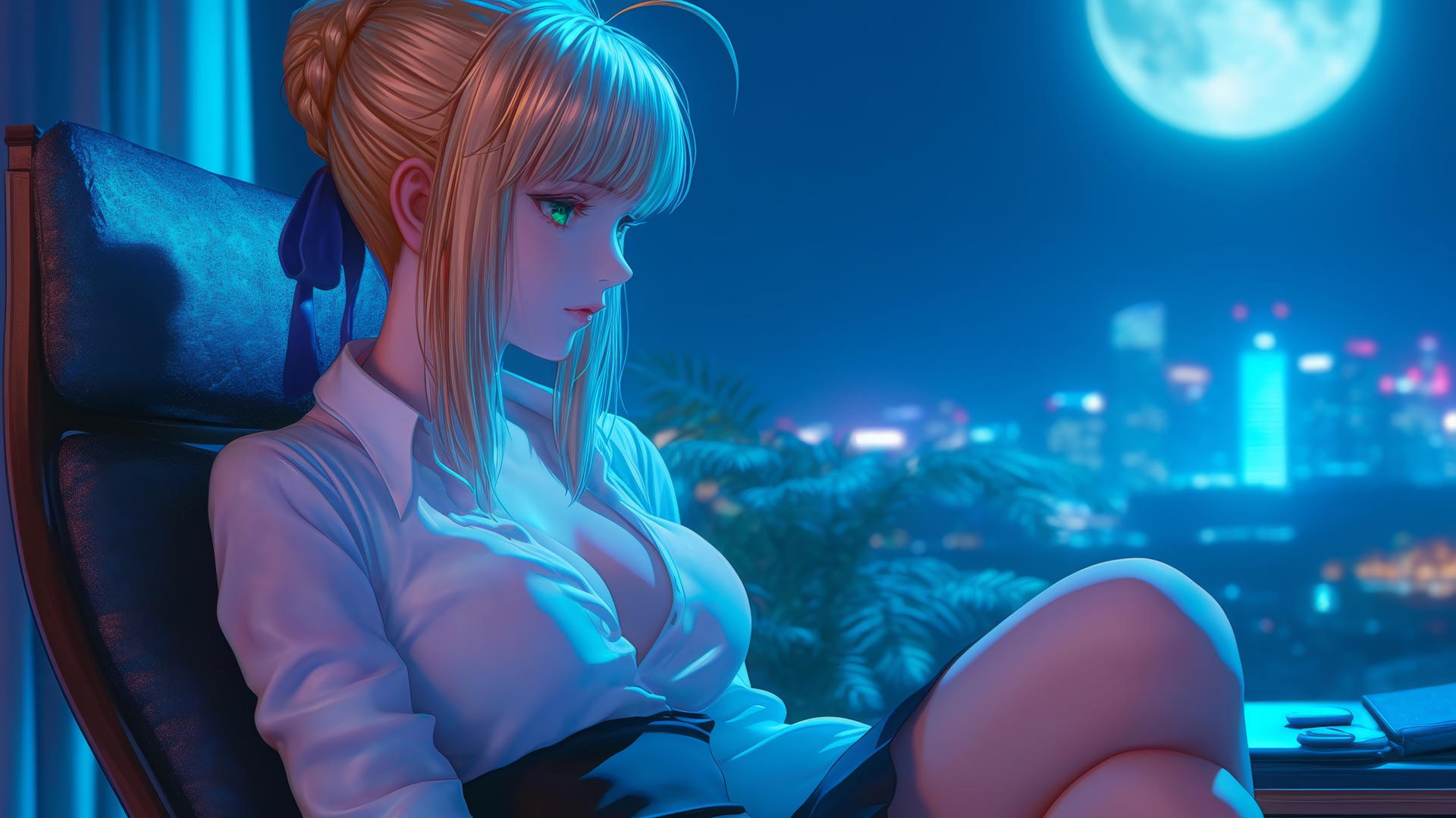 Saber from Fate Zero resting in a modern hotel room with moonlight casting a soft glow