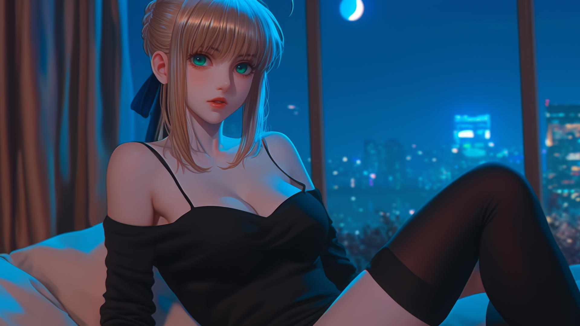 Saber from Fate Zero with green eyes, resting in a modern hotel room, moonlight glow