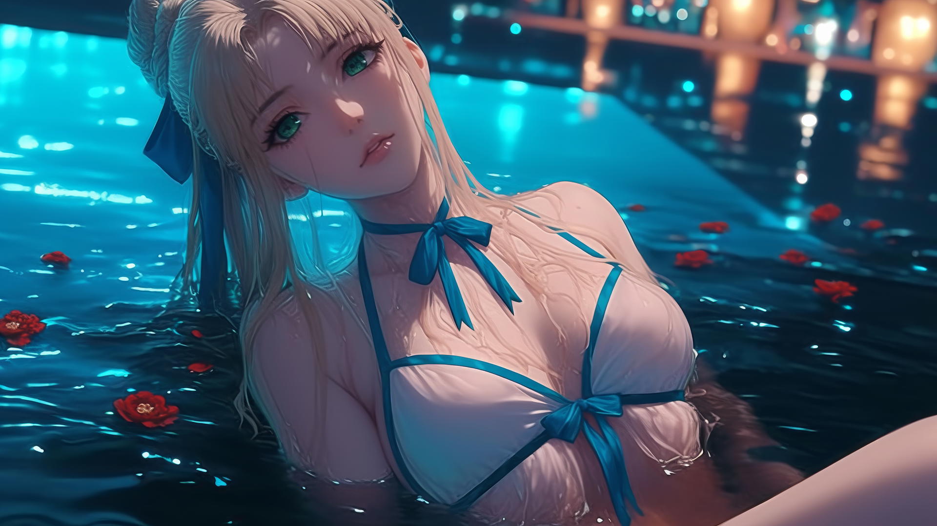 Saber from Fate Zero with green eyes resting in a tub with neon light glow.