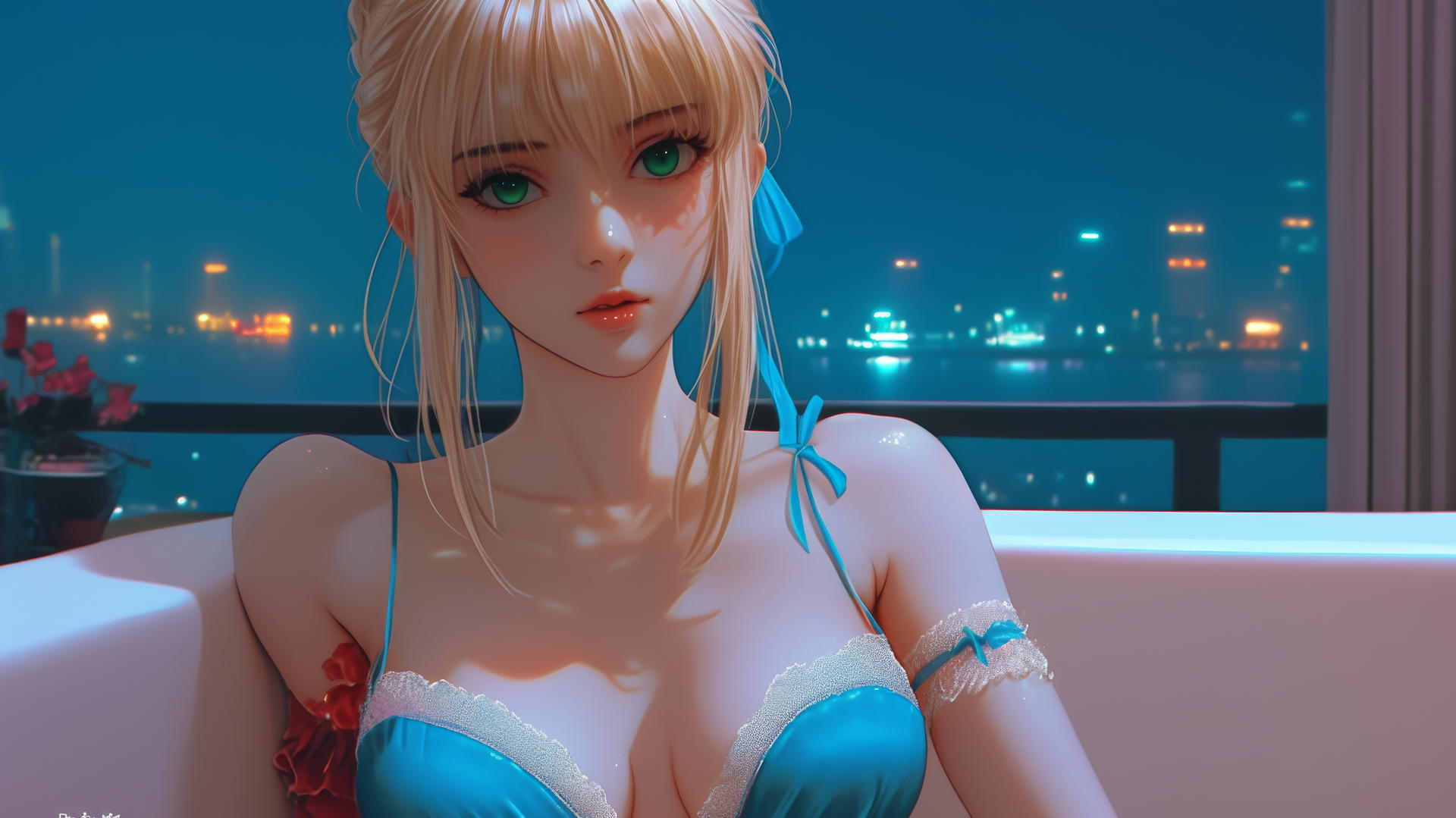 Saber resting in a tub with green eyes, bathed in neon light in a modern apartment
