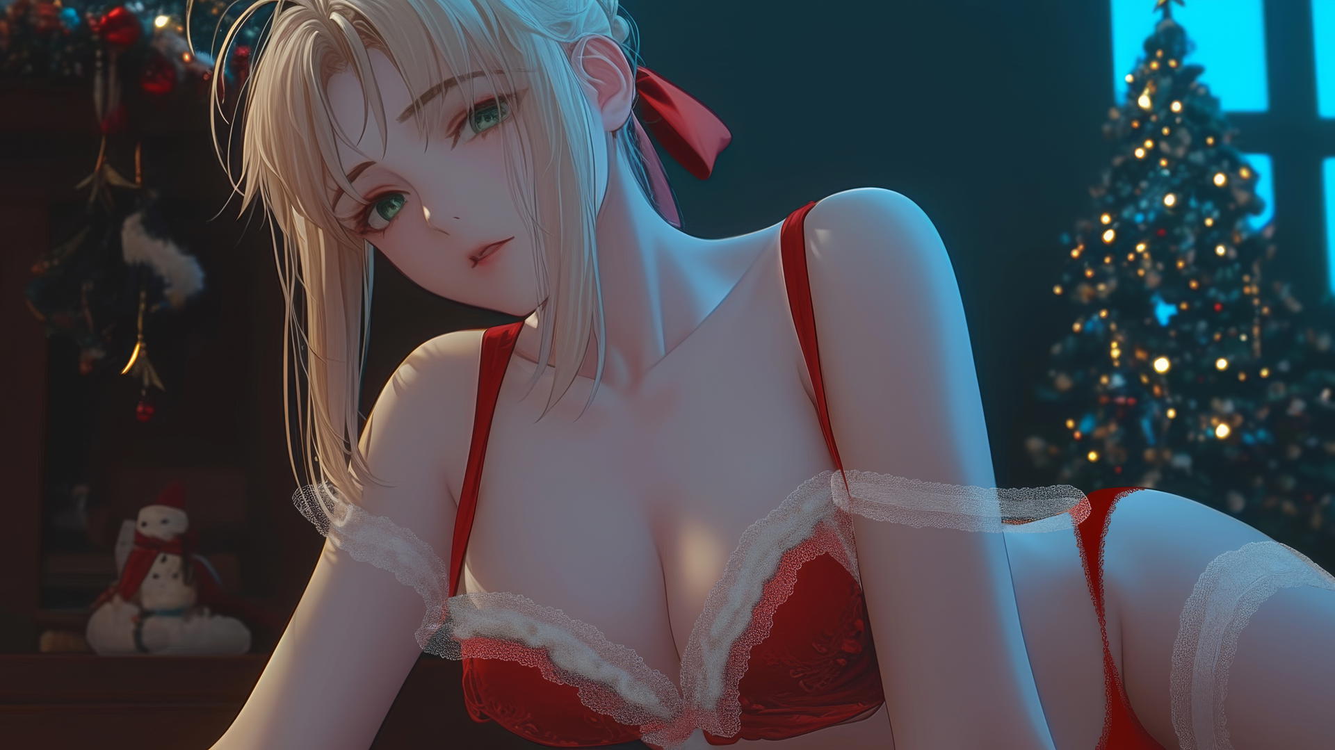 Saber from Fate Zero in Christmas attire, kneeling and leaning down, warm glow