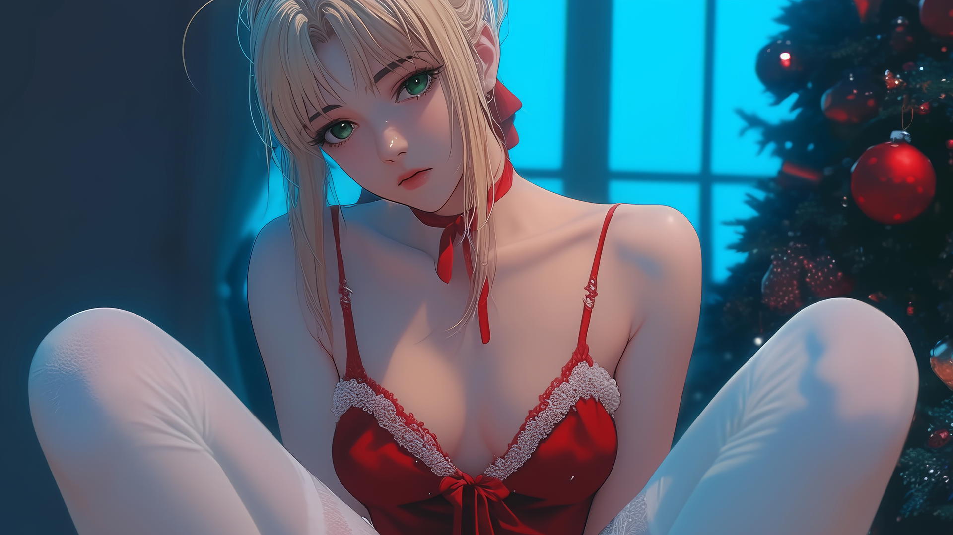 Saber from Fate Zero in Christmas attire, kneeling and looking down with green eyes and warm light.