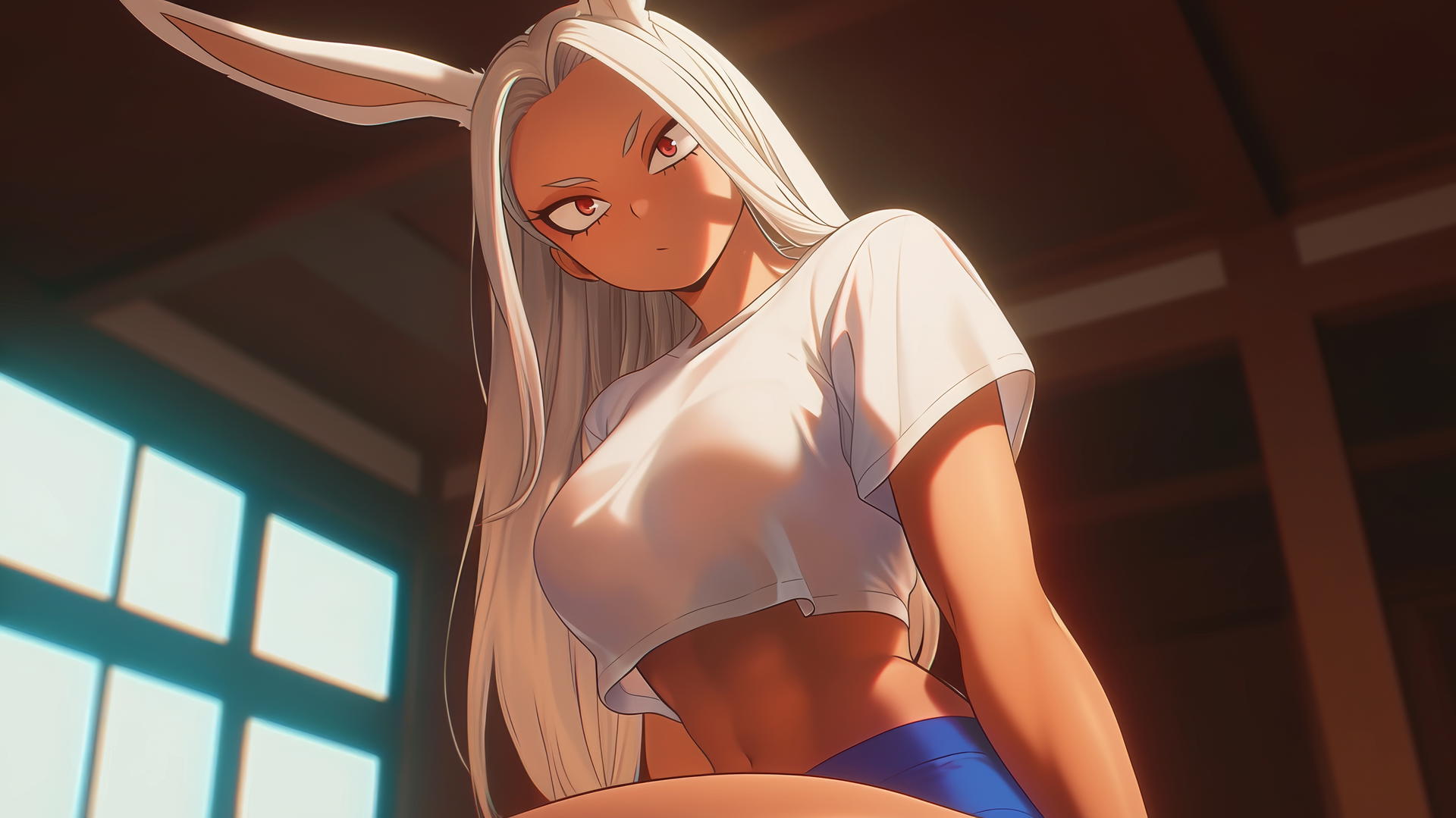 Mirko from My Hero Academia kneeling and leaning forward, seen from below with white rabbit ears and straight hair.