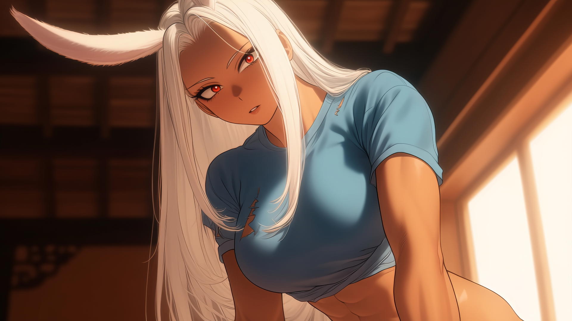 Mirko from My Hero Academia kneeling and leaning, tan-skinned, red eyes, white hair, rabbit ears, ceiling background.