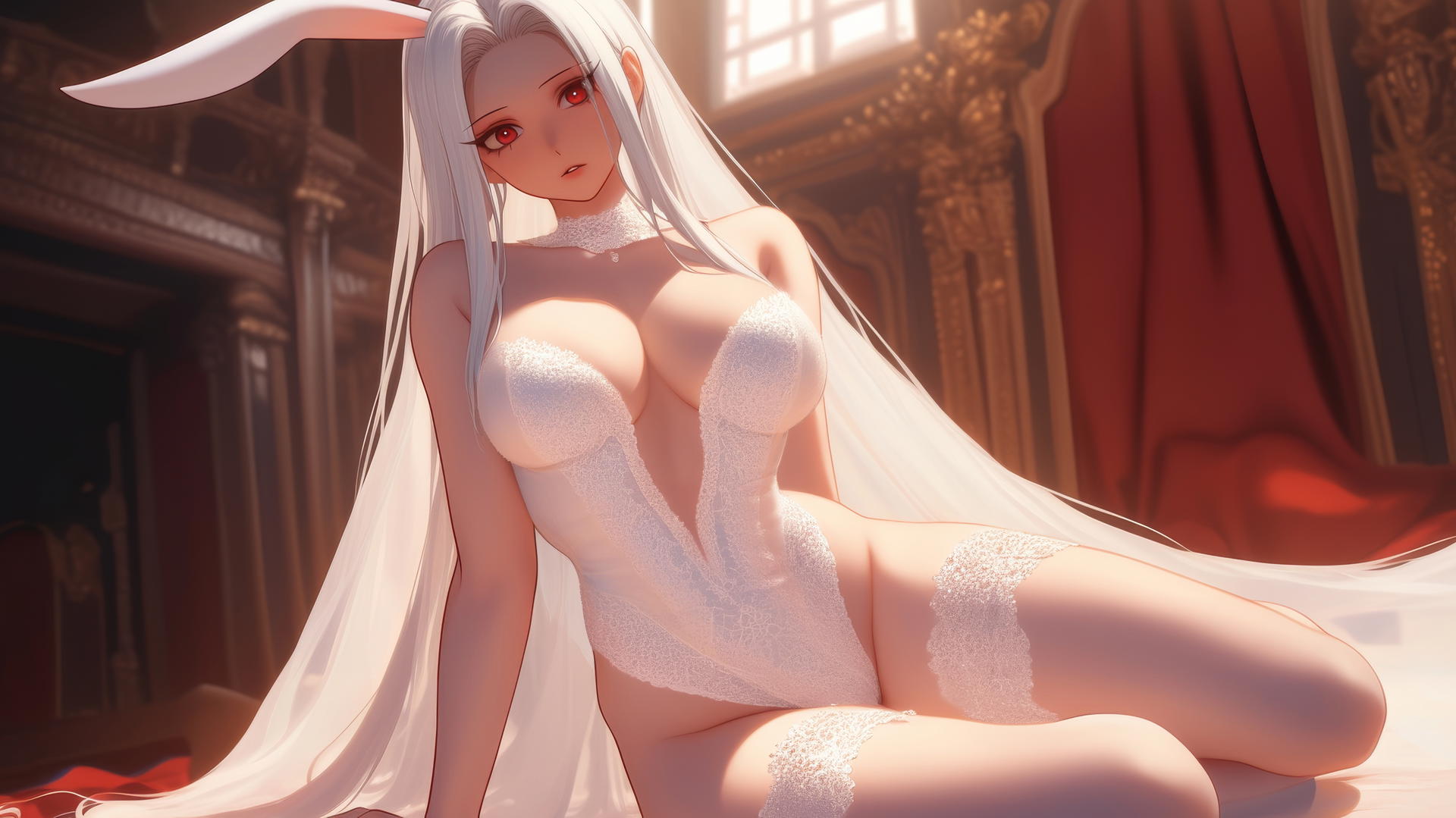 Mirko from My Hero Academia in a wedding dress, kneeling with warm light