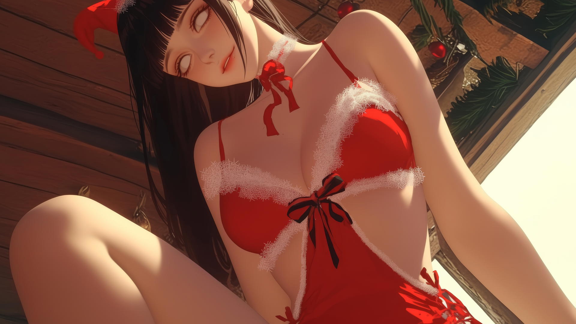 Hinata Hyuga in Christmas attire kneeling and leaning forward, warm light glow