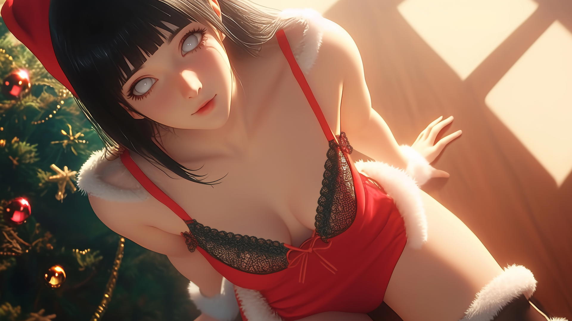 Hinata Hyuga from Naruto in Christmas attire, kneeling with white eyes, warm light