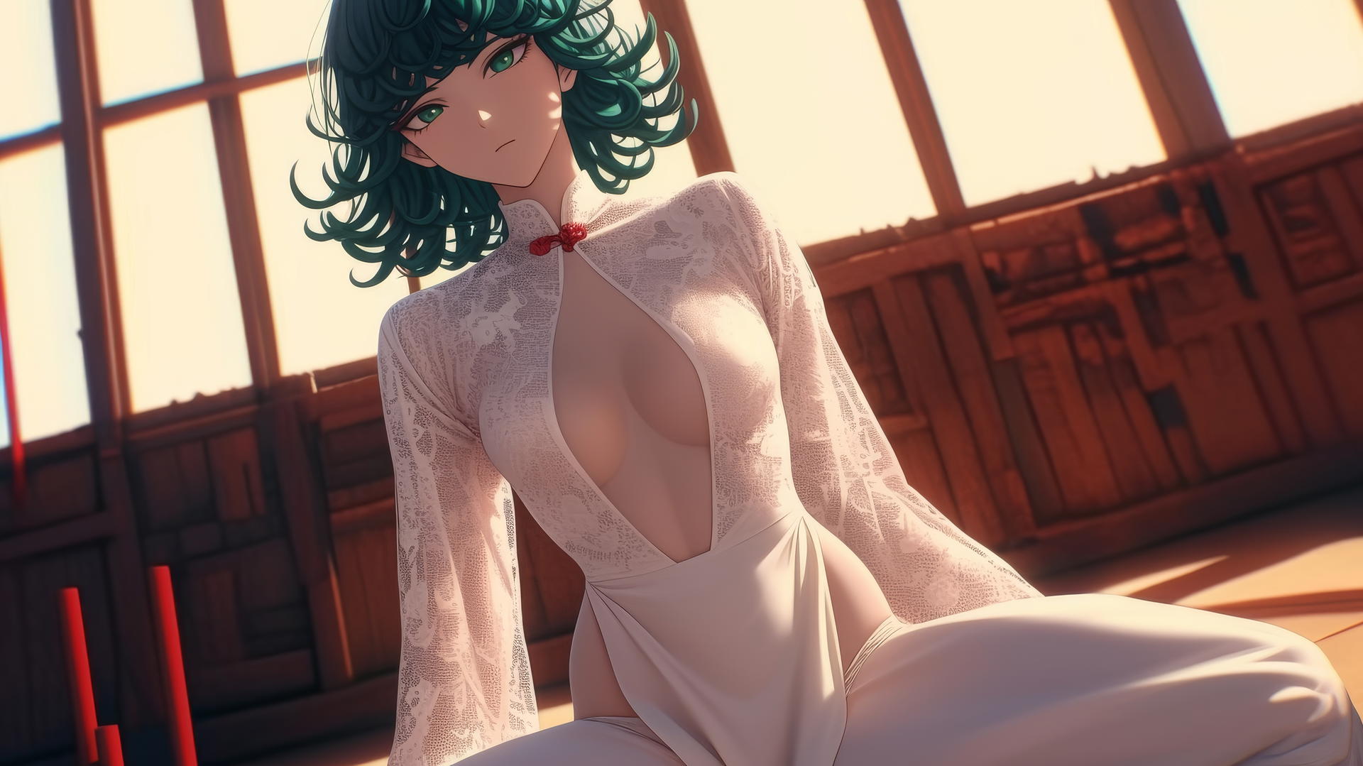 Tatsumaki from One-Punch Man in wedding dress, kneeling and looking down with emerald green eyes and hair, warm light.