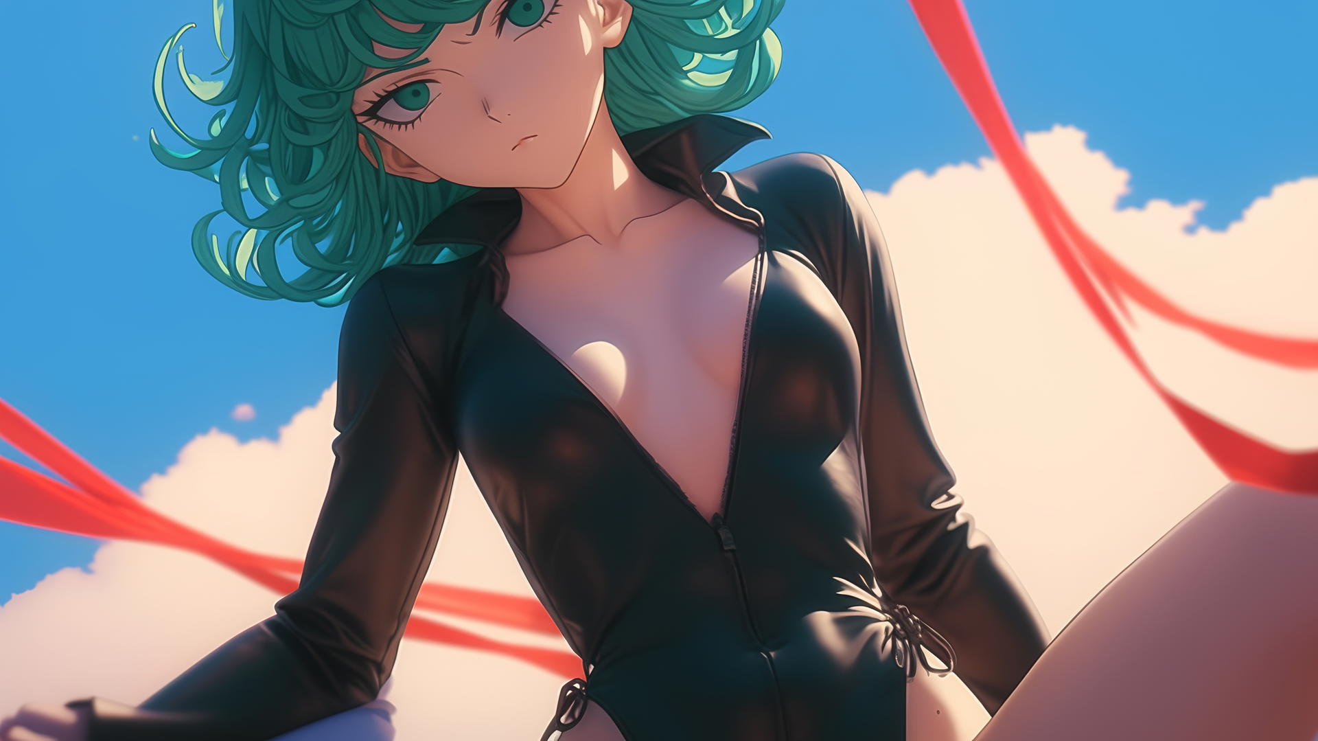 Tatsumaki from One-Punch Man with emerald green eyes and hair, leaning and kneeling, under warm light, ceiling background.