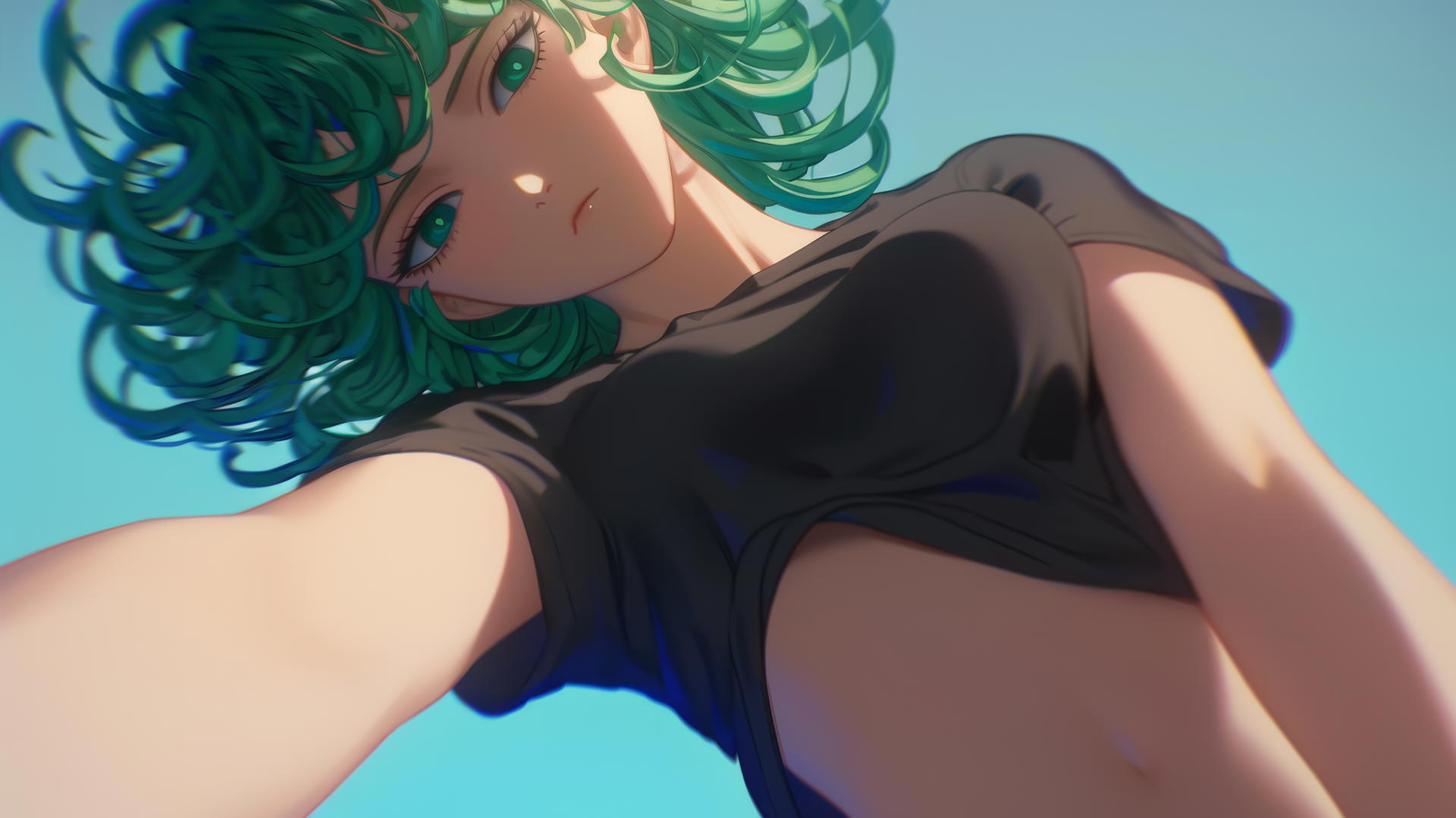 Tatsumaki from One-Punch Man kneeling and leaning forward, emerald green hair and eyes, warm light.