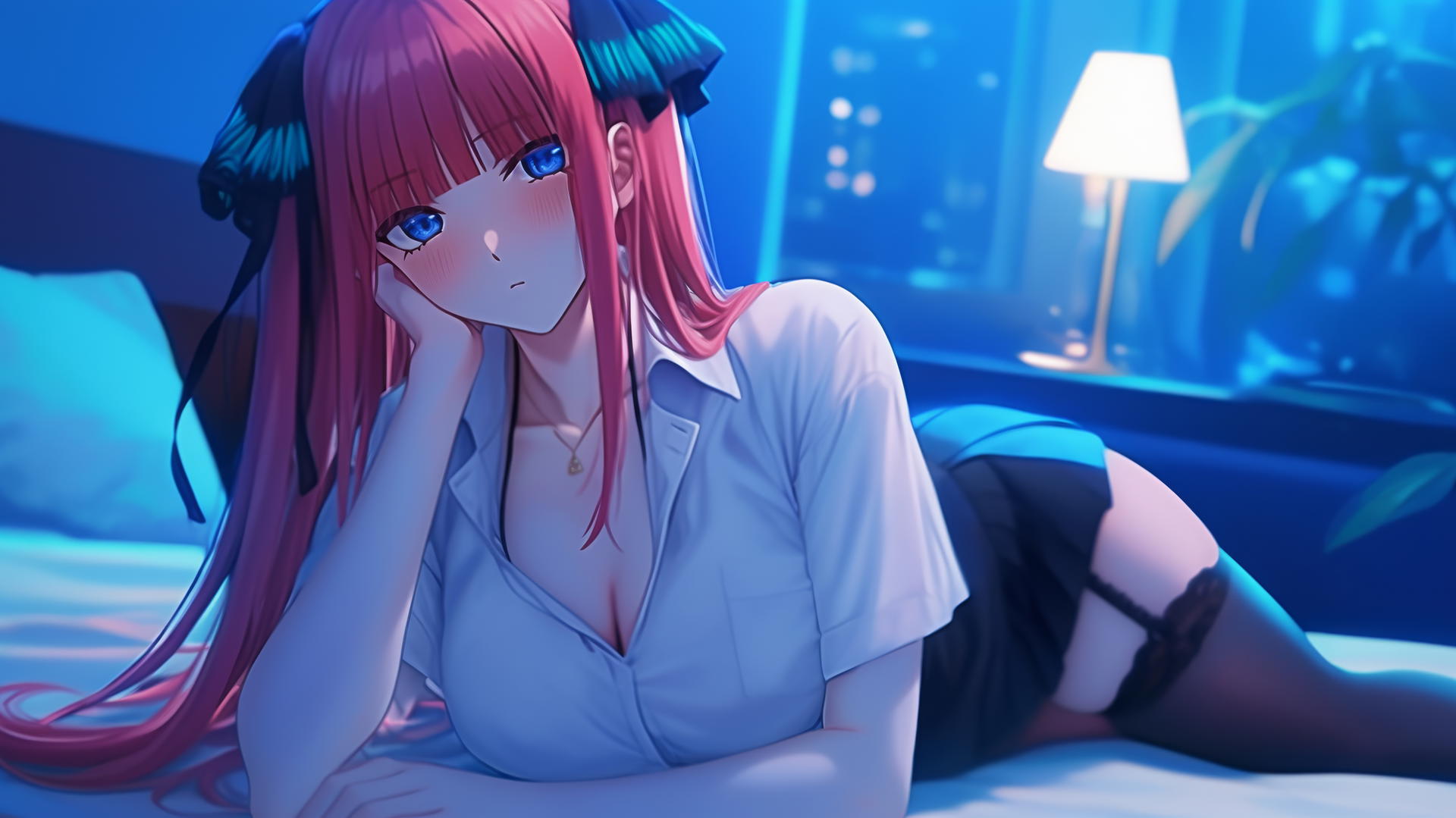 Nino Nakano in a jk uniform resting at a modern hotel room under moonlight