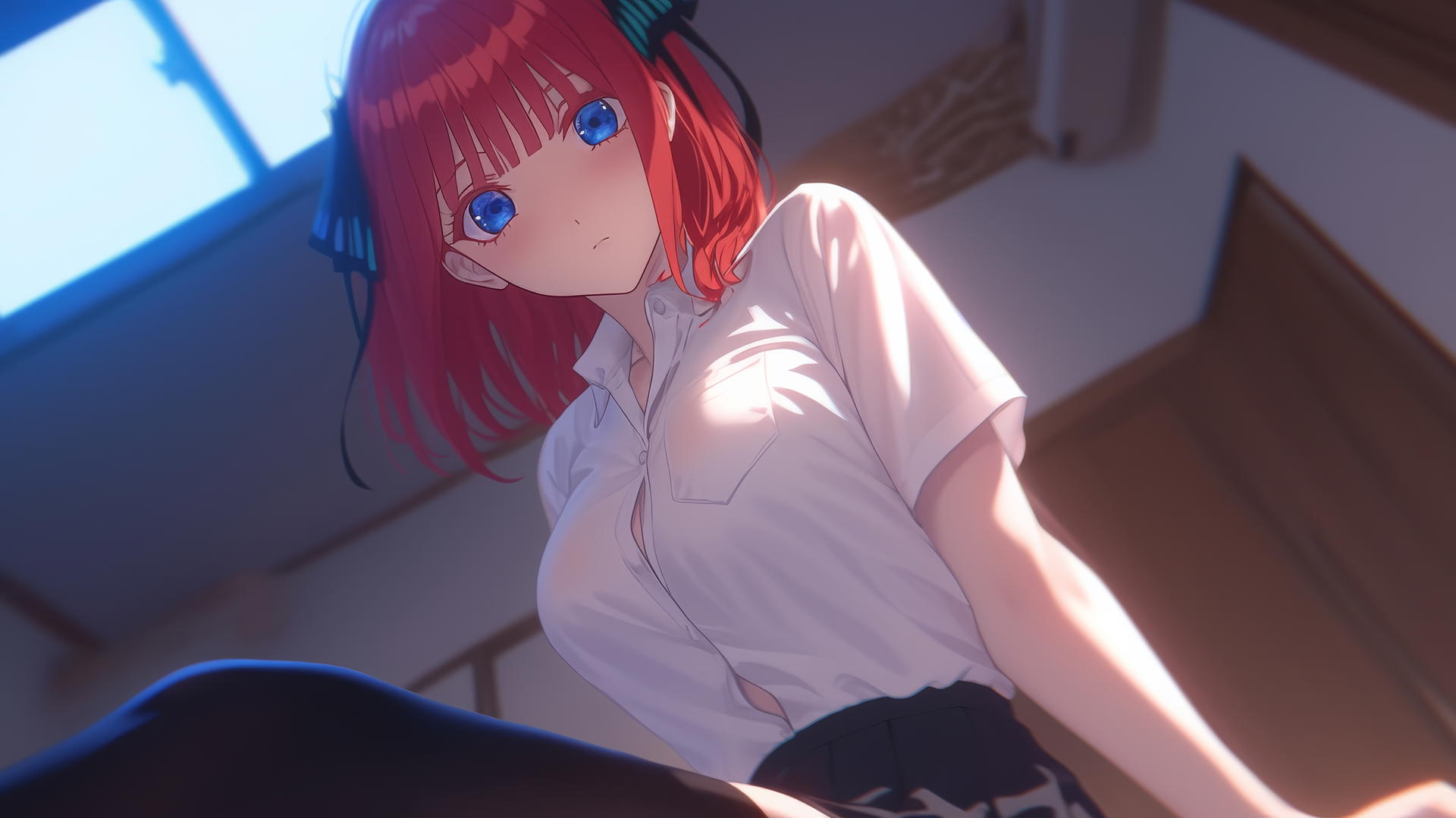 Nino Nakano in a JK uniform kneeling and leaning, with warm light highlighting her figure.
