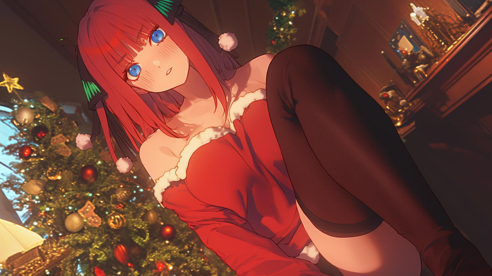 Nino Nakano in Christmas style, kneeling and leaning forward, warm light, ceiling background