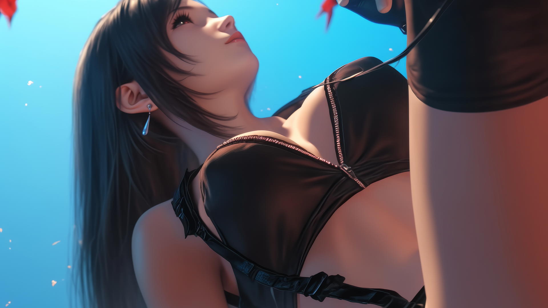 Tifa Lockhart kneeling, leaning forward with warm light, ceiling in background