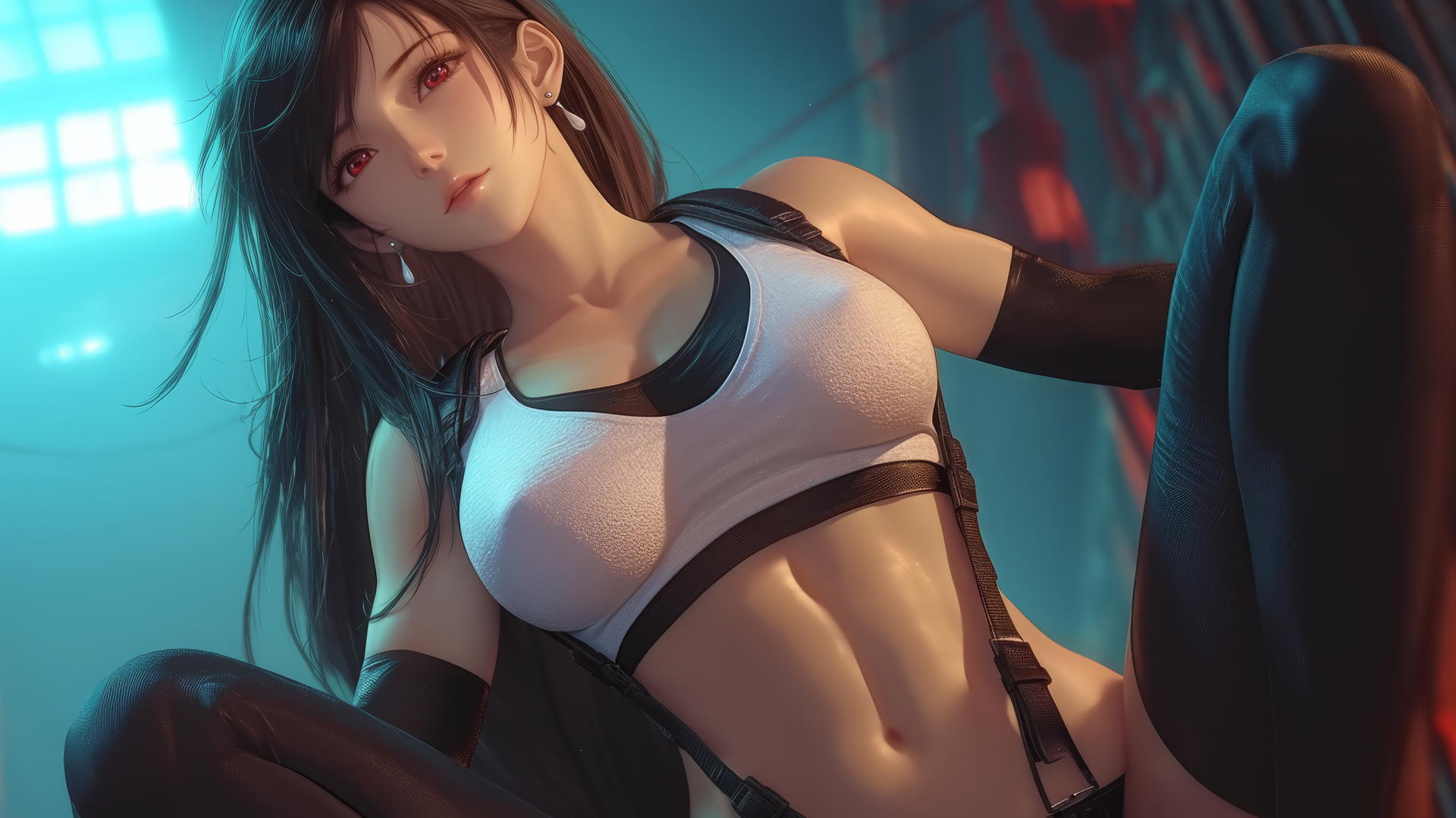 Tifa Lockhart kneeling, looking down with warm light glow