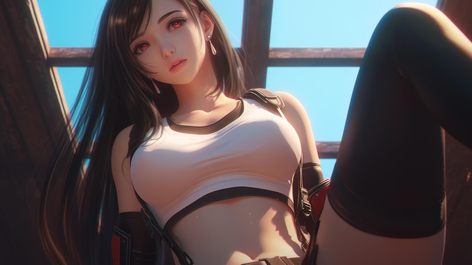 Tifa Lockhart leaning and kneeling, seen from below, with a ceiling background.