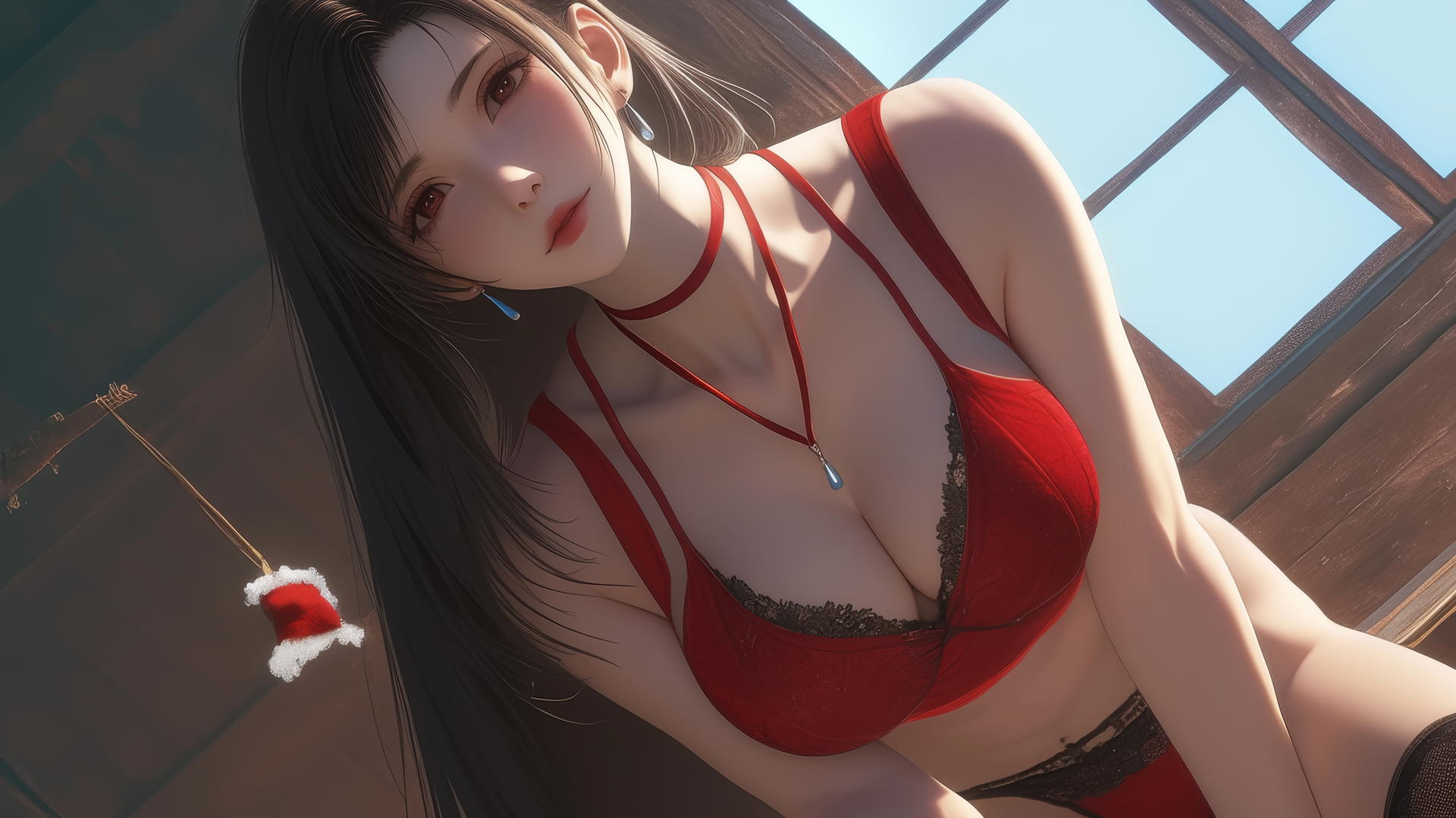 Tifa Lockhart in Christmas outfit, kneeling and leaning, warm light