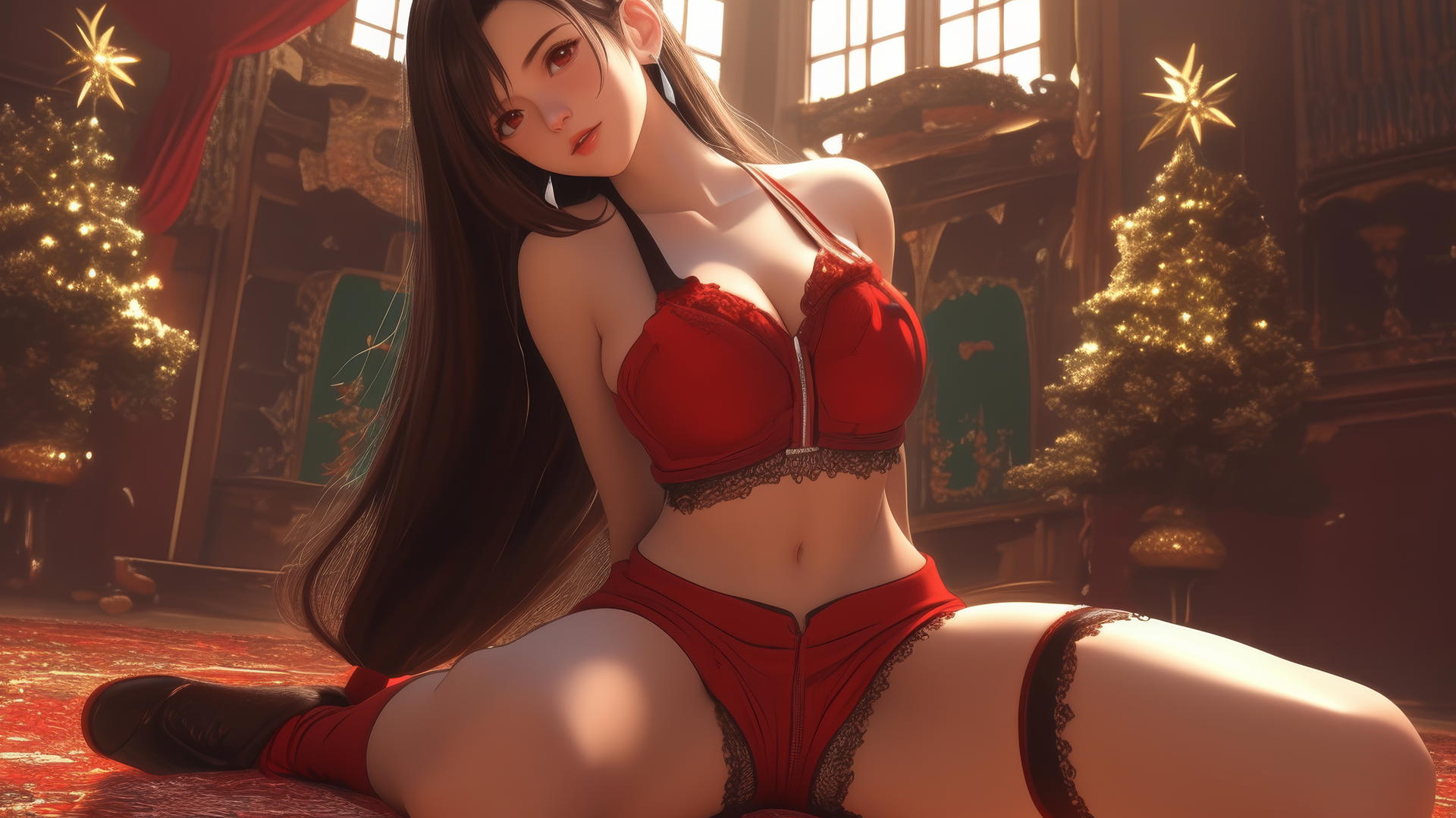Tifa Lockhart in Christmas attire, kneeling with a soft glow, looking down