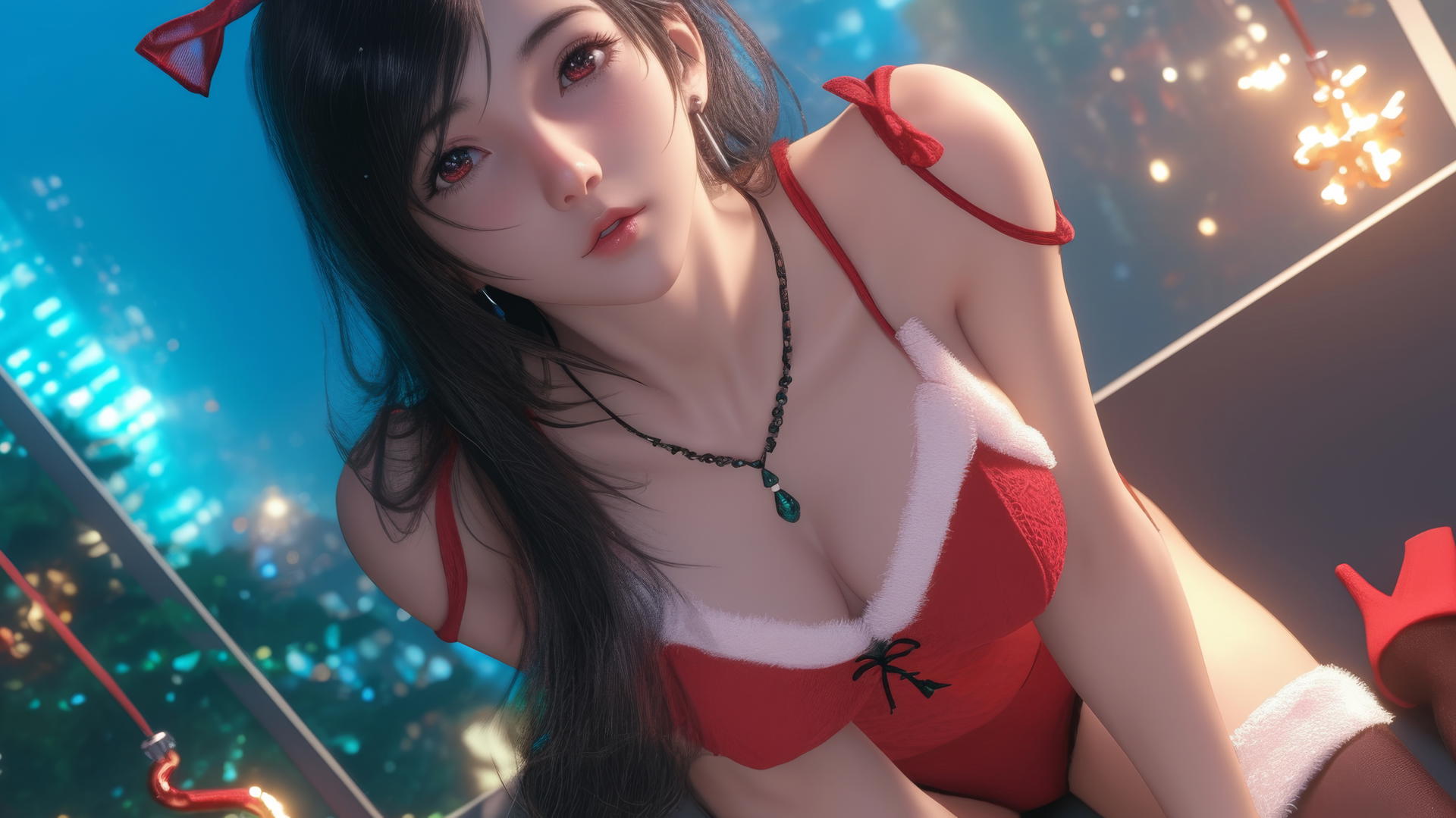 Tifa Lockhart in Christmas red, kneeling with a warm glow