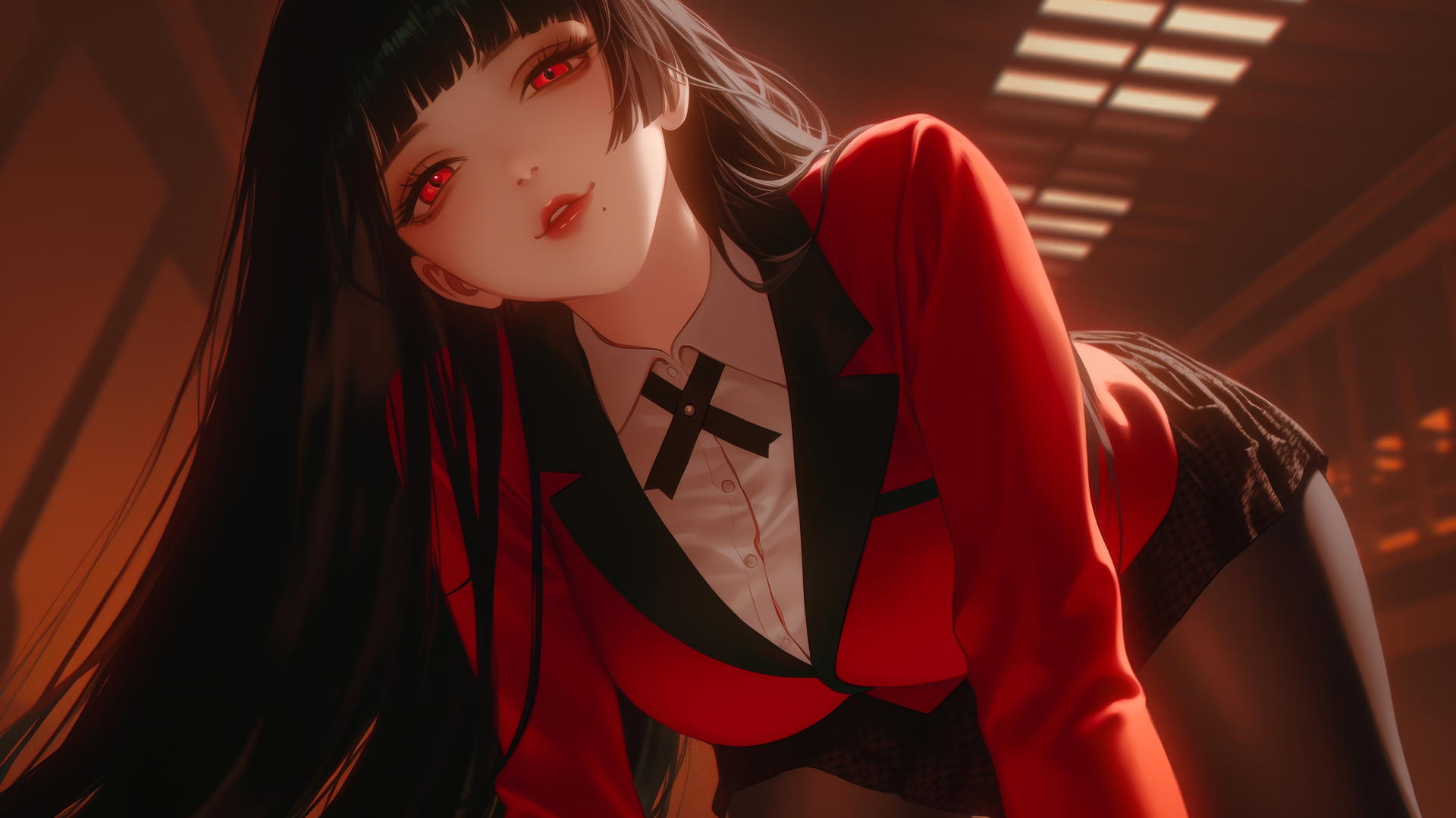 Yumeko Jabami leaning forward with red eyes and hime-cut hair, seen from below.