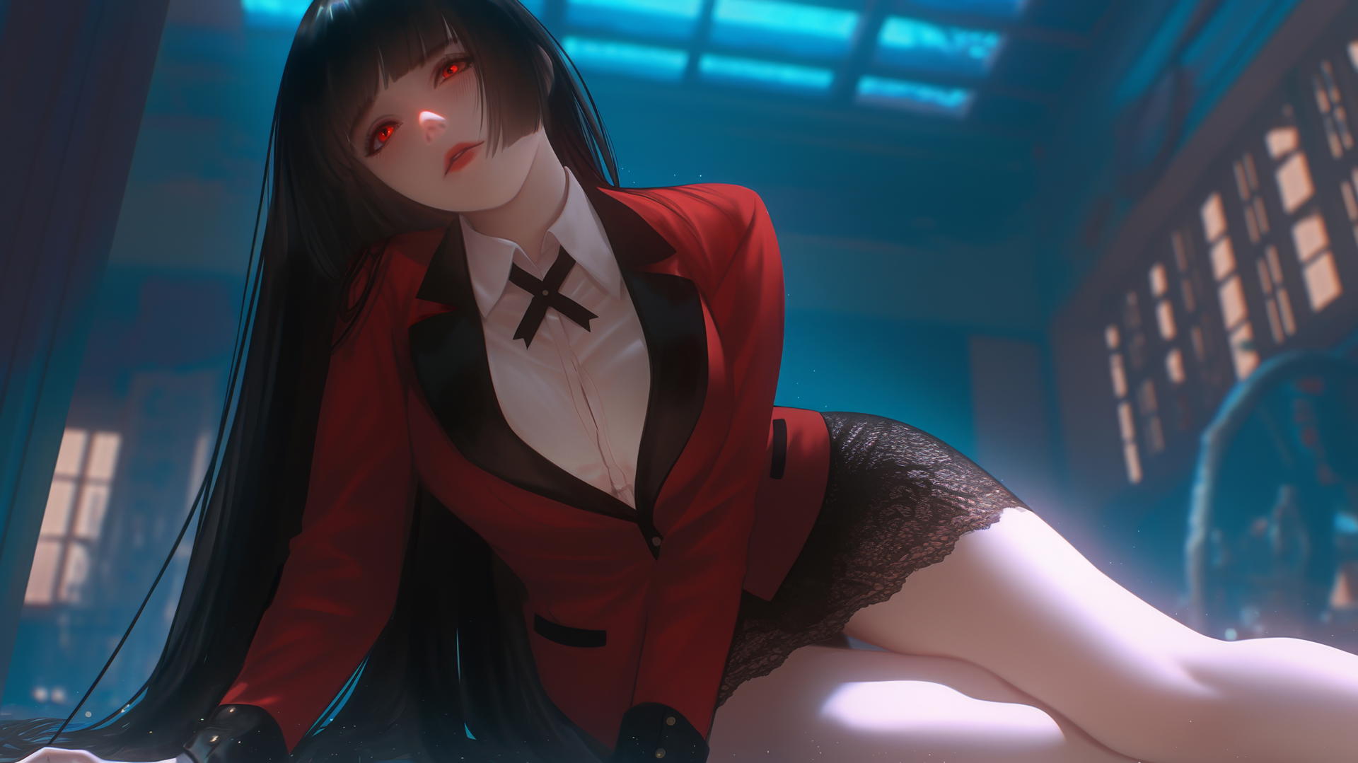 Yumeko Jabami from Kakegurui kneeling and leaning forward with warm light and ceiling background