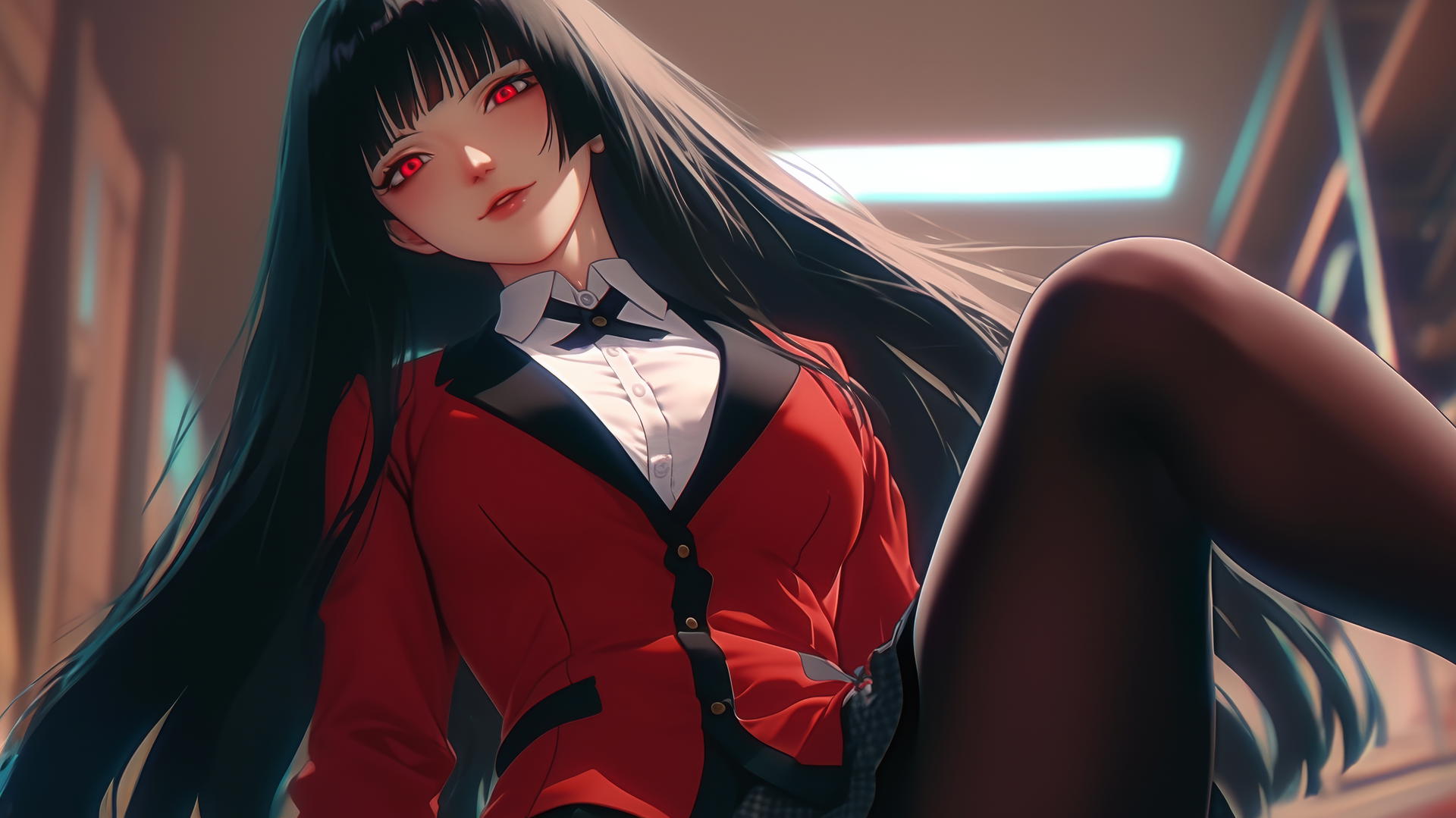Yumeko Jabami from Kakegurui kneeling and leaning forward with a soft glow