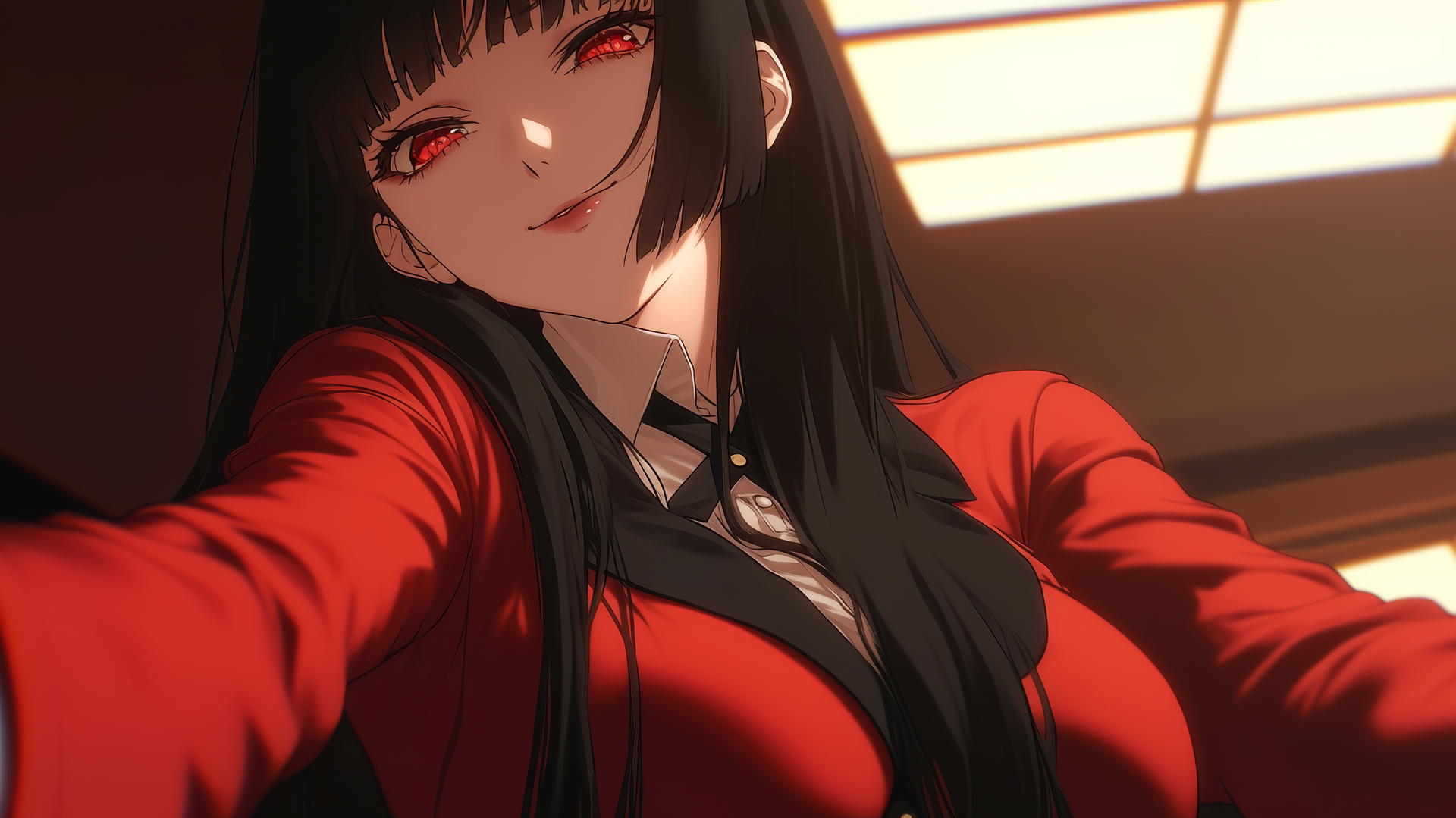 Yumeko Jabami kneeling, leaning forward with hime-cut black hair, red eyes, soft warm light.